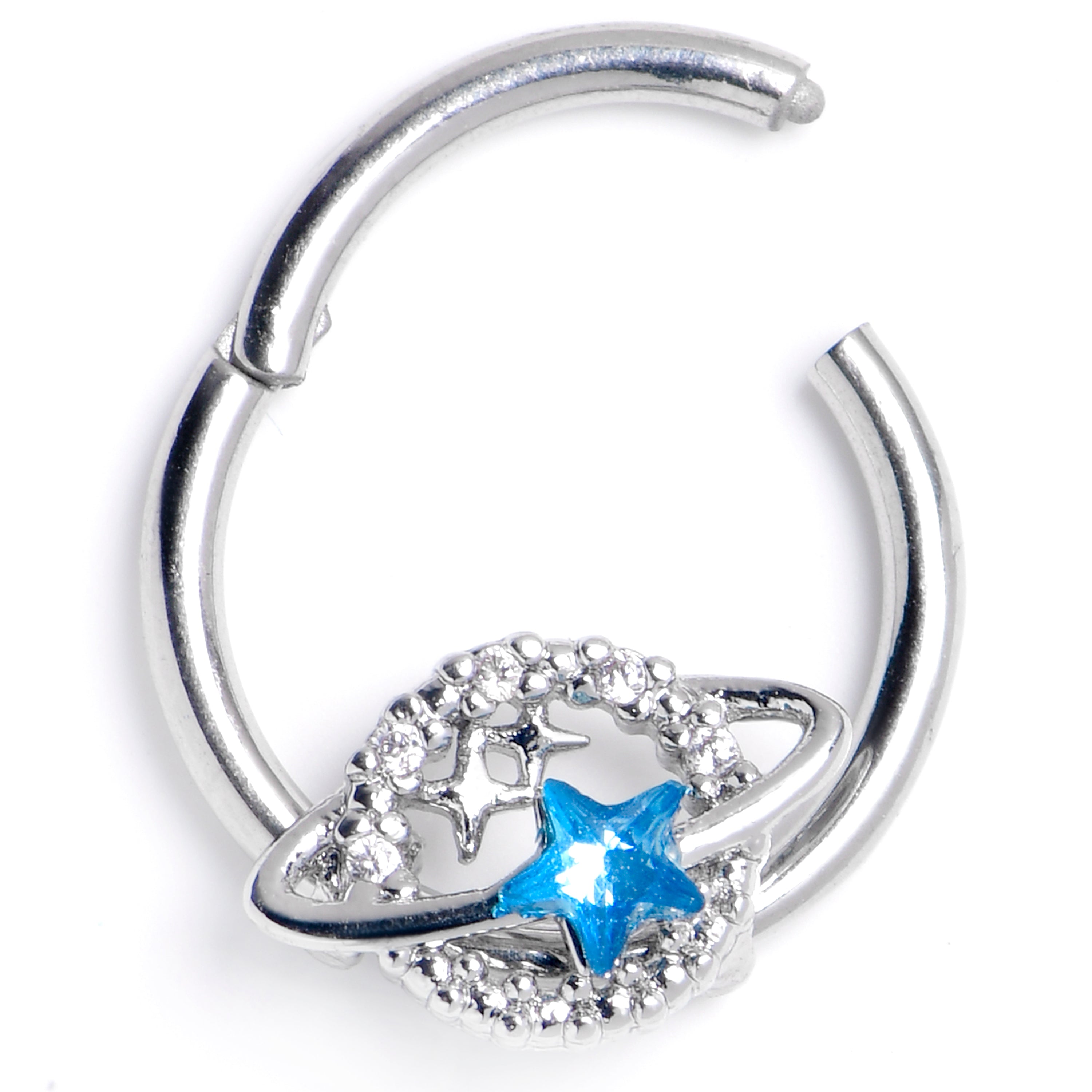 16G 3/8 Clear Blue Gem Starry Skies Hinged Segment Ring
