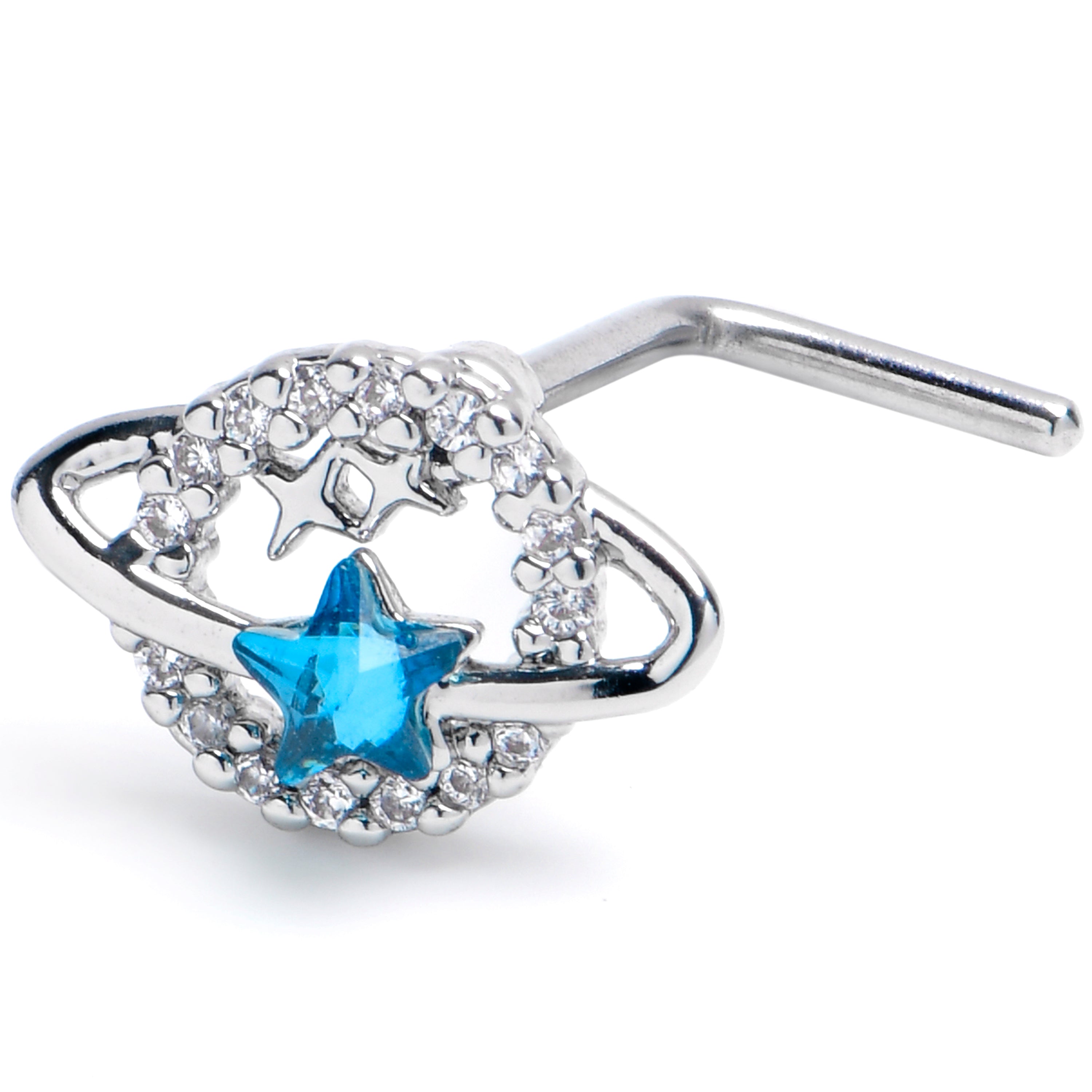 20G 7mm Clear Blue Gem Starry Skies L Shape Nose Ring