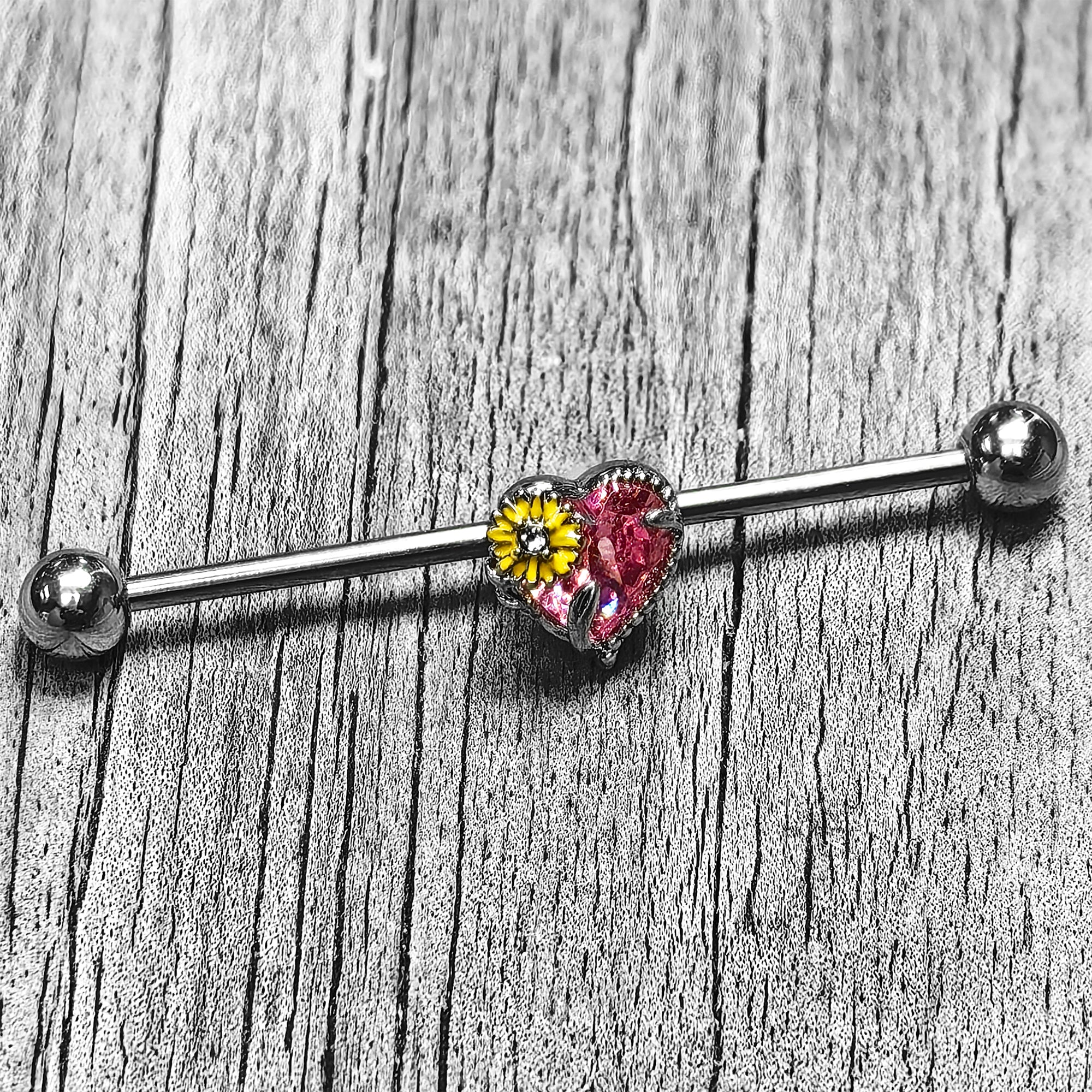 14G Clear Pink Gem Sunflower Heart Love Industrial Barbell 38mm