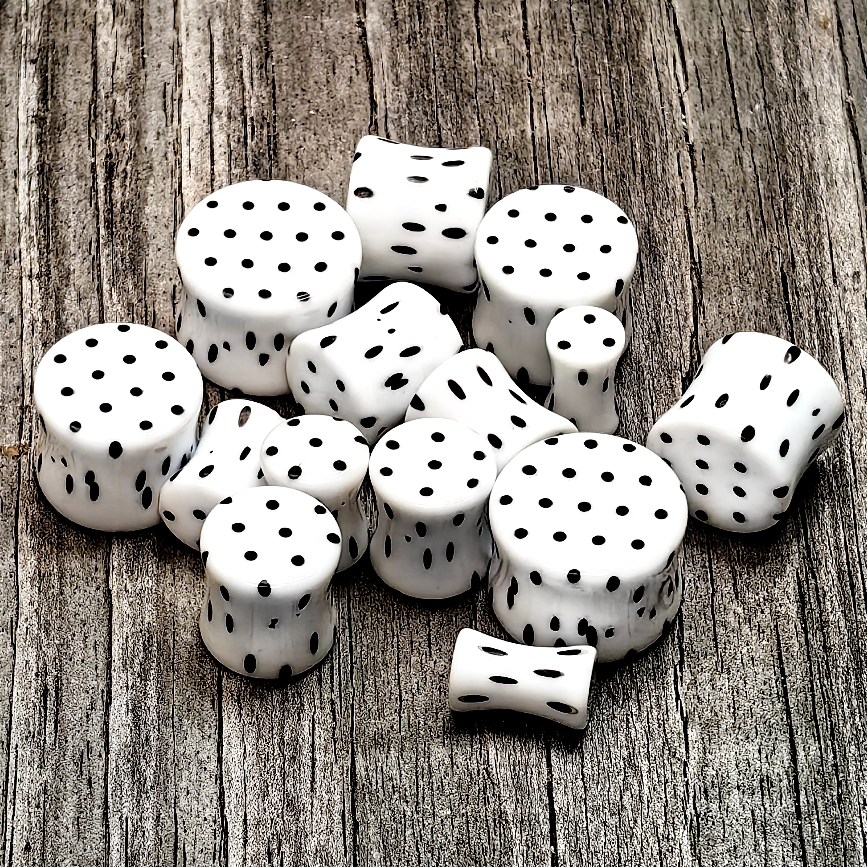 White Acrylic Retro Dots Black Double Flare Plug Set 6mm to 20mm Sizes