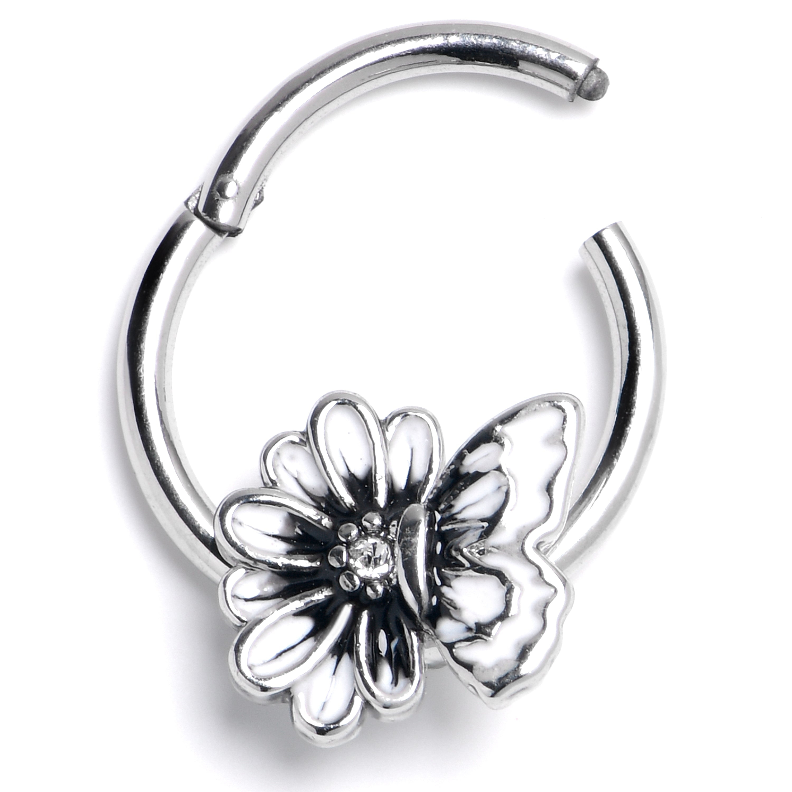 16G 3/8 Clear CZ Gem Butterfly Blossom Black Hinged Segment Ring