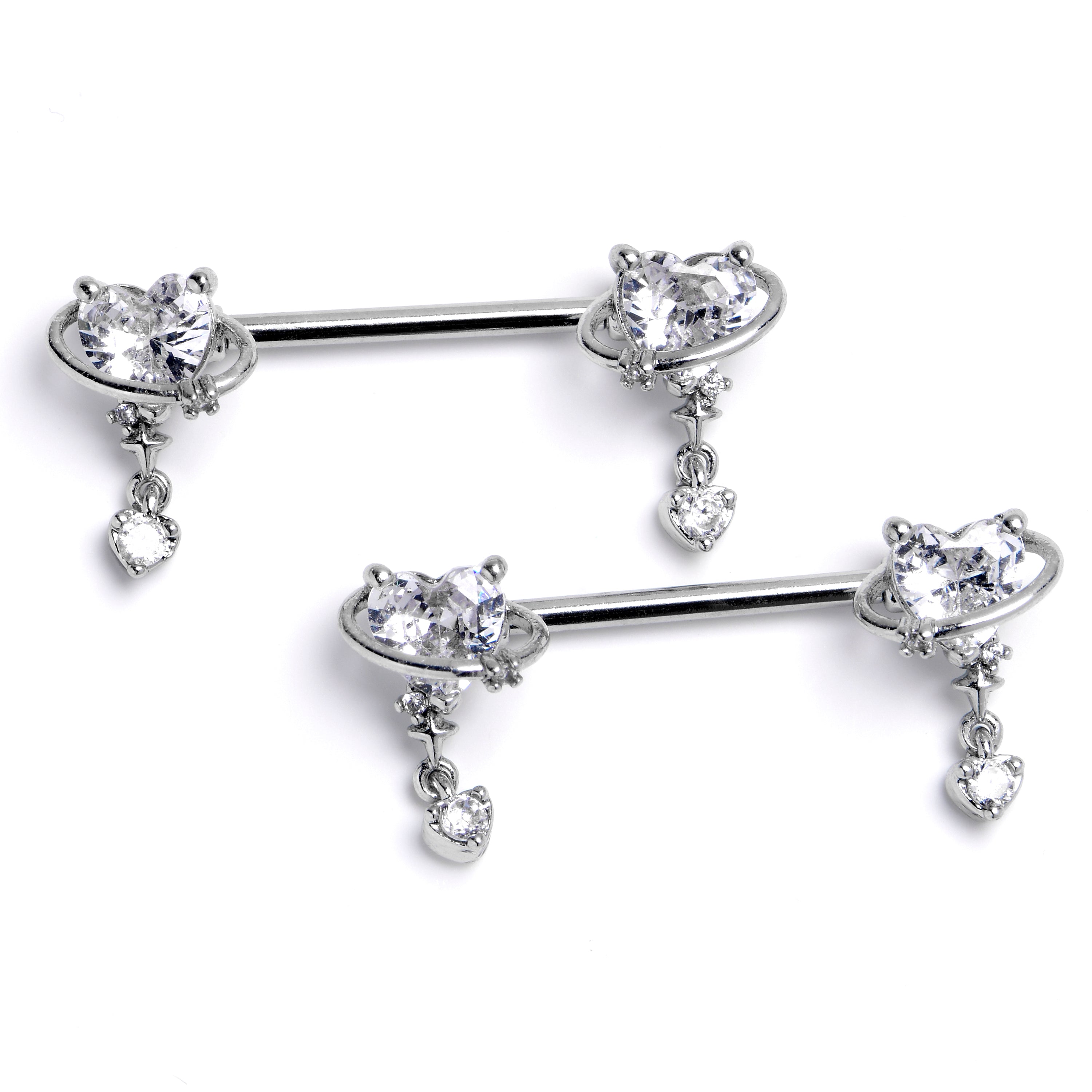 14G 9/16 Clear CZ Gem Saturn Heart Dangle Nipple Ring Set