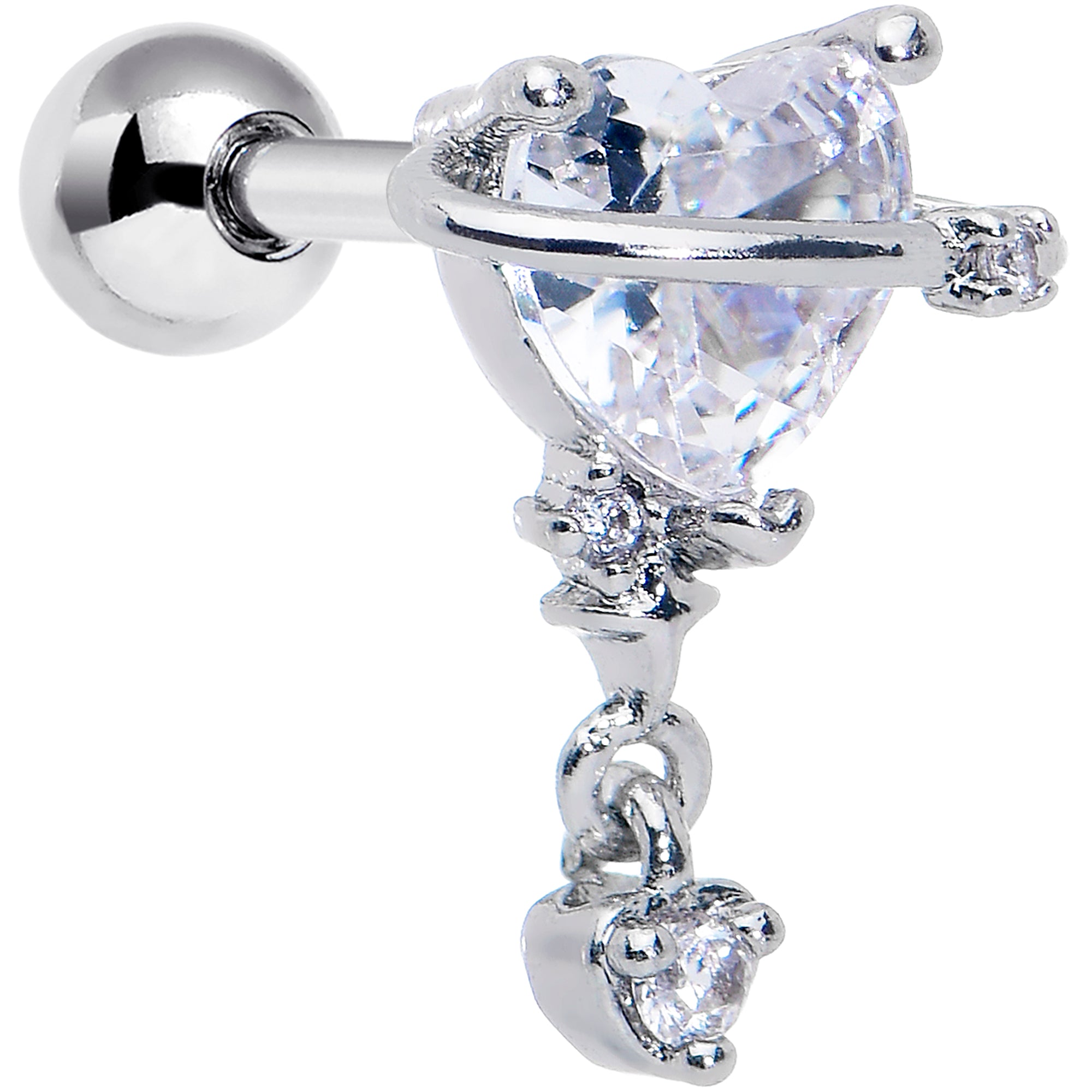 16G 1/4 Clear CZ Gem Saturn Heart Duo Cartilage Tragus Earring