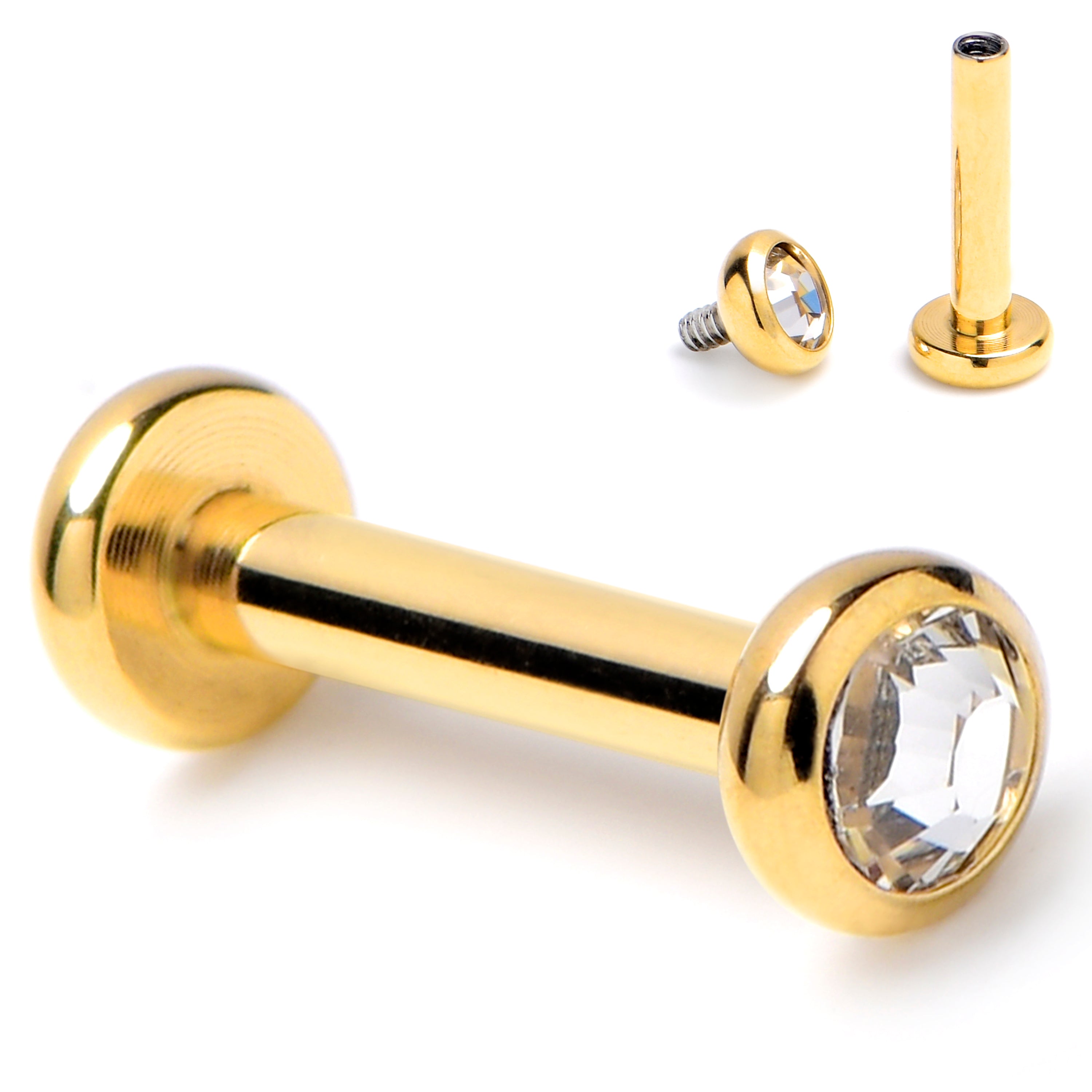 16G 1/4 Clear CZ Gem Gold Tone ASTM F-136 Implant Grade Titanium Internally Threaded Labret