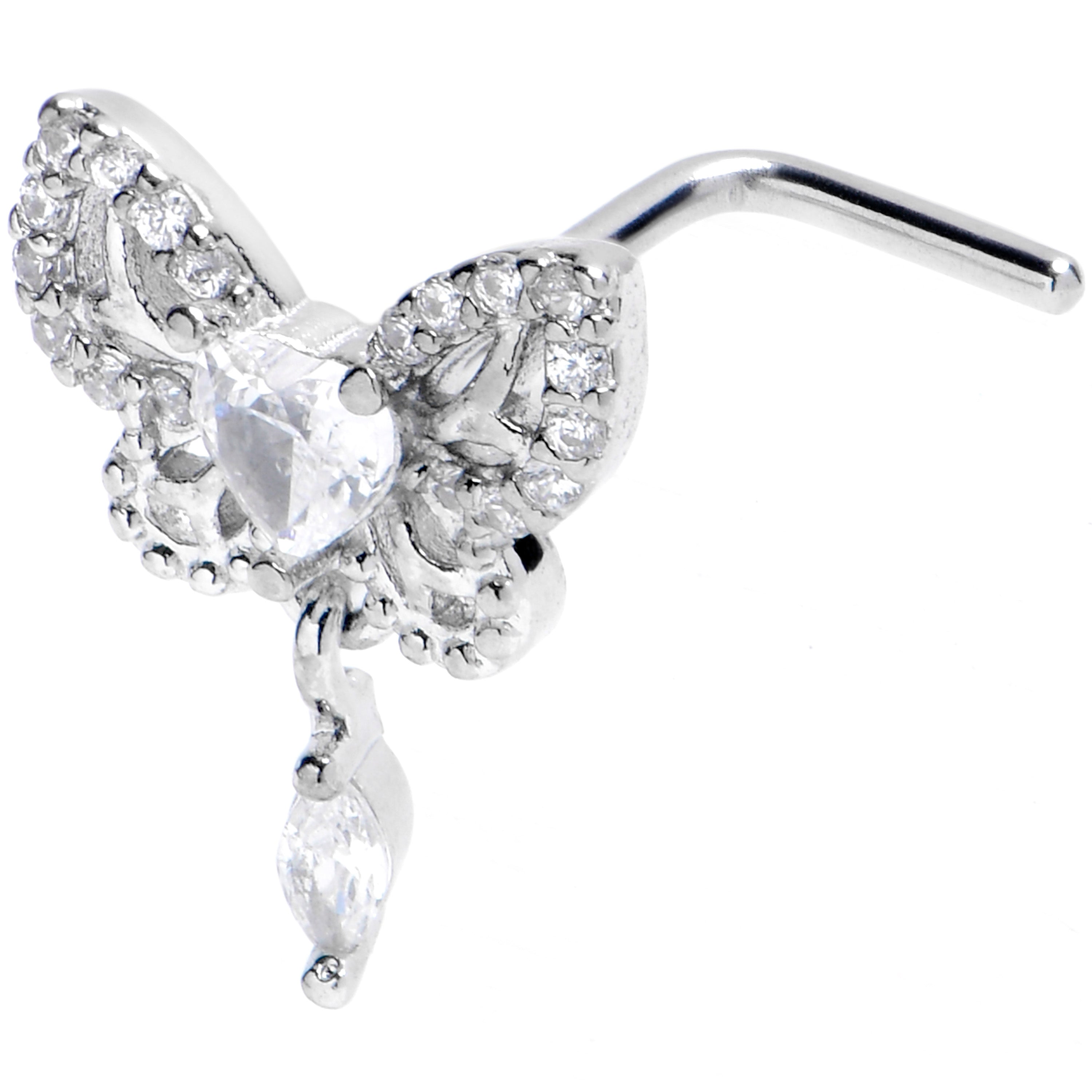 20G 1/4 Clear CZ Gem Whimsical Butterfly Dangle L Shape Nose Ring