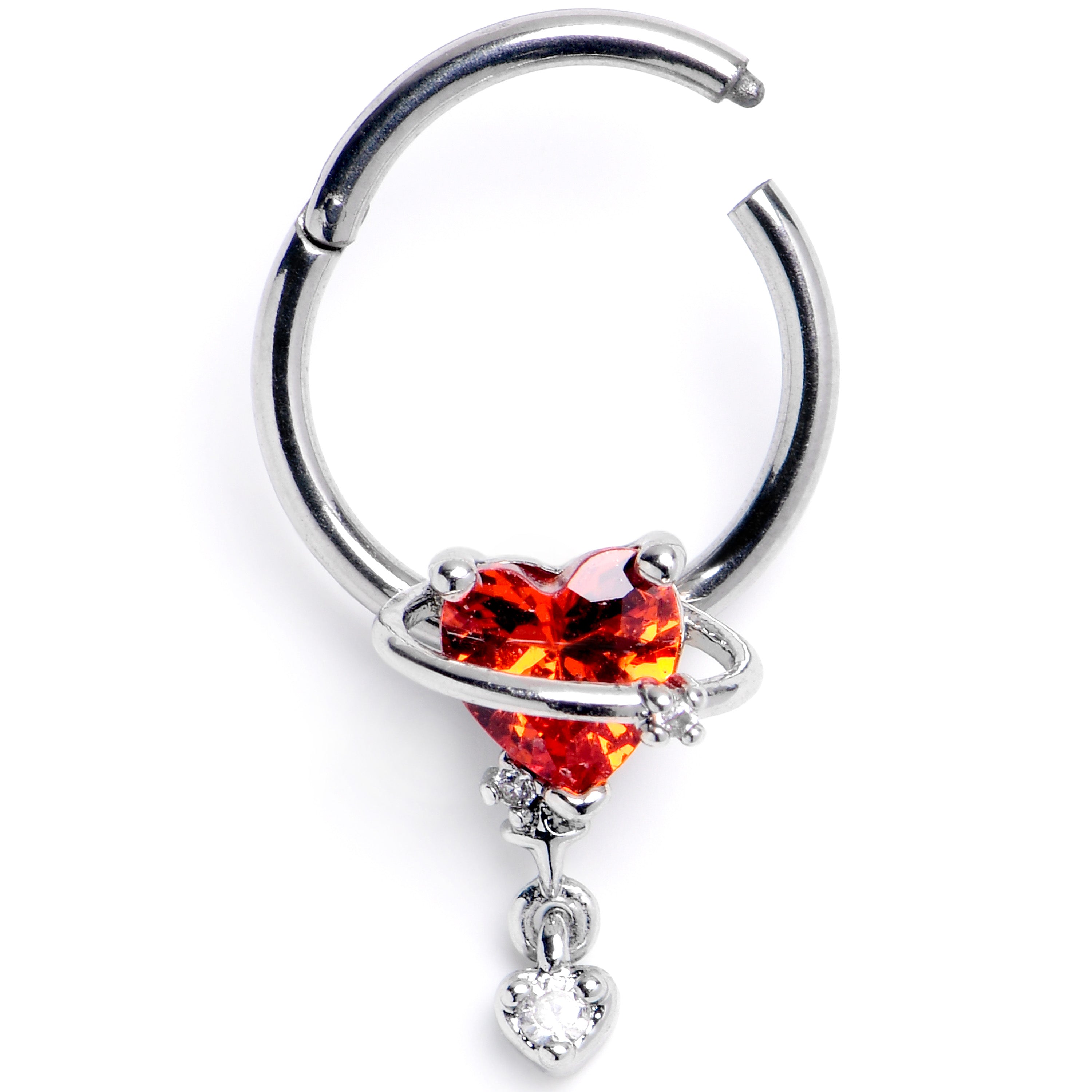 16G 3/8 Red CZ Gem Saturn Heart Dangle Hinged Segment Ring