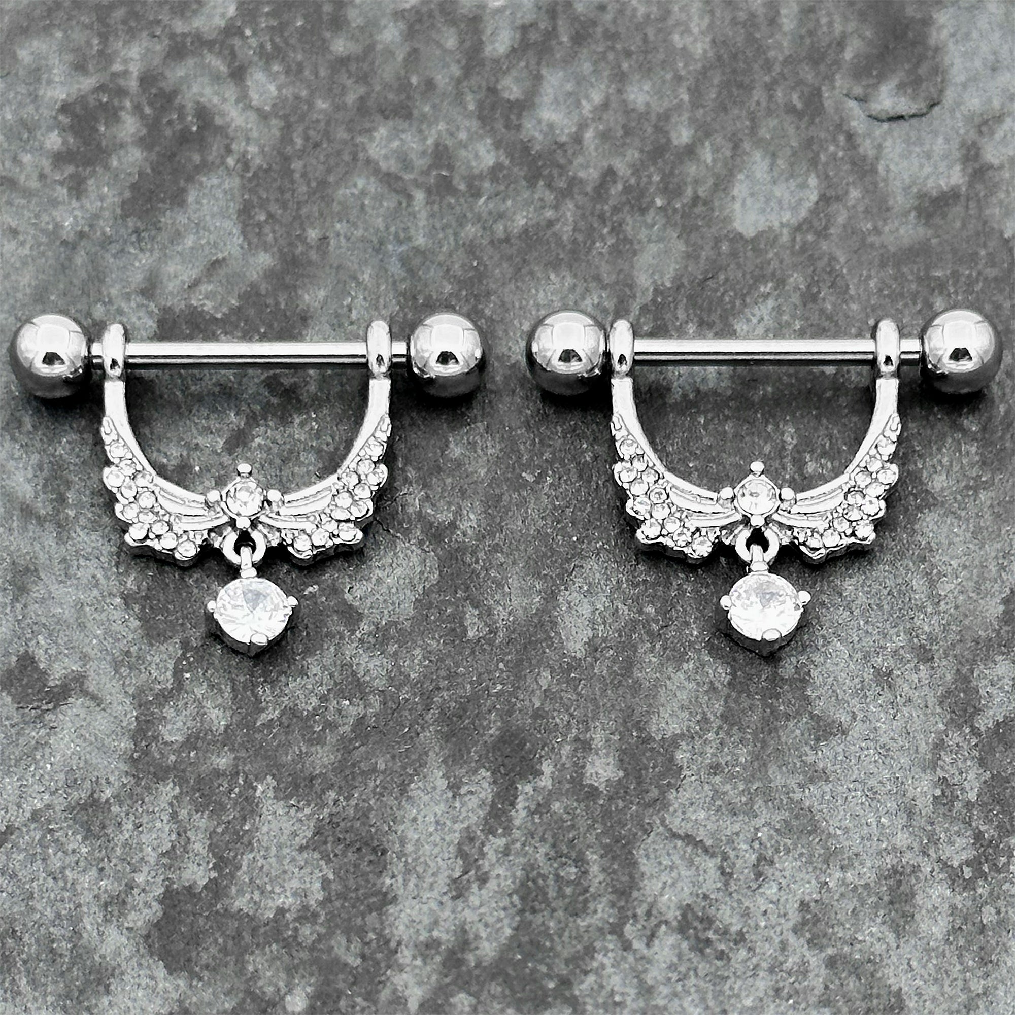 14G 9/16 Clear CZ Gem Alluring Wings Dangle Nipple Ring Set