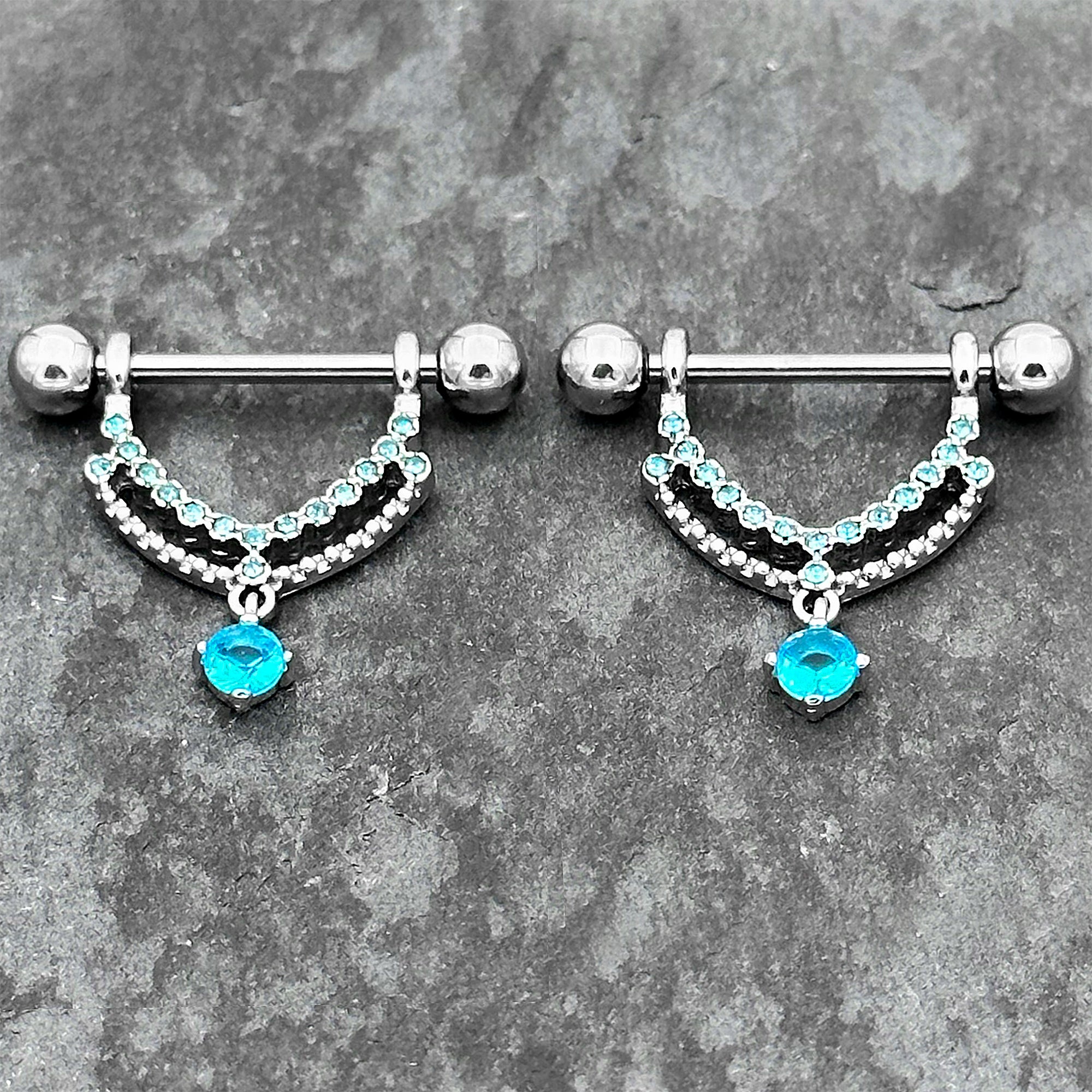 14G 9/16 Blue CZ Gem Double Curves Dangle Nipple Ring Set