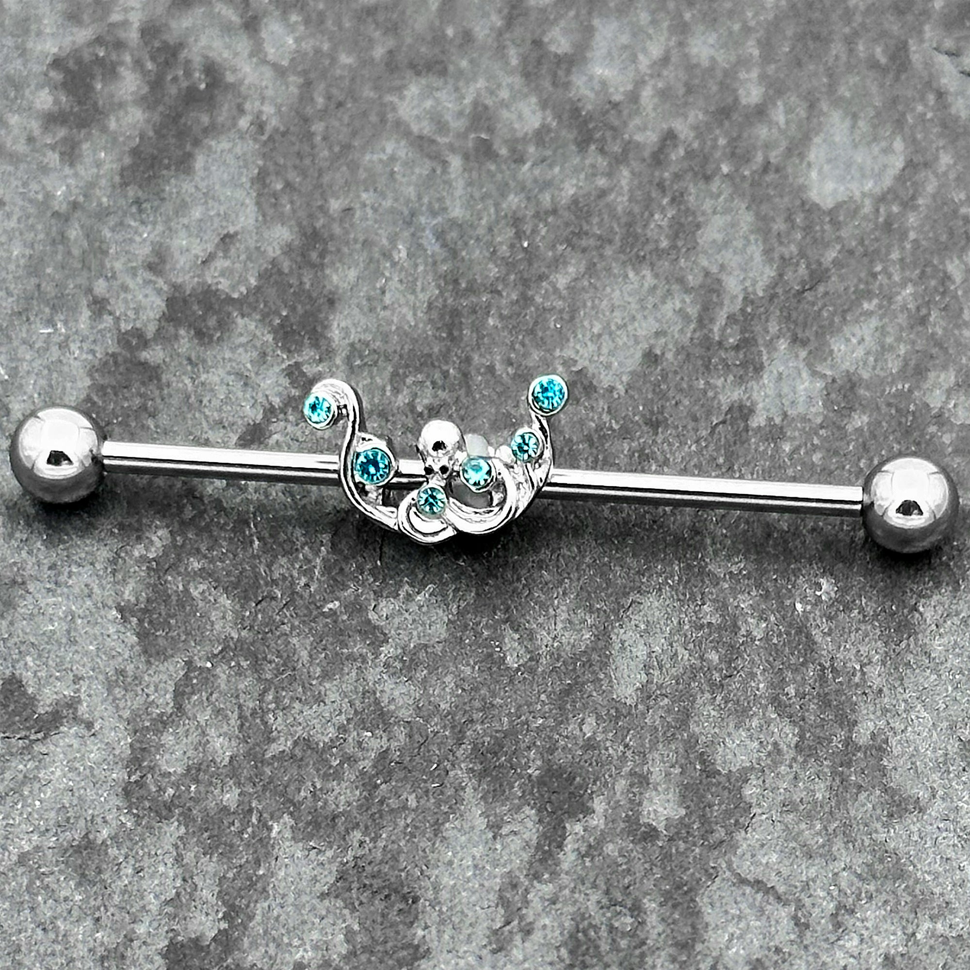 14G Blue Gem Scrolling Elegance Industrial Barbell 38mm