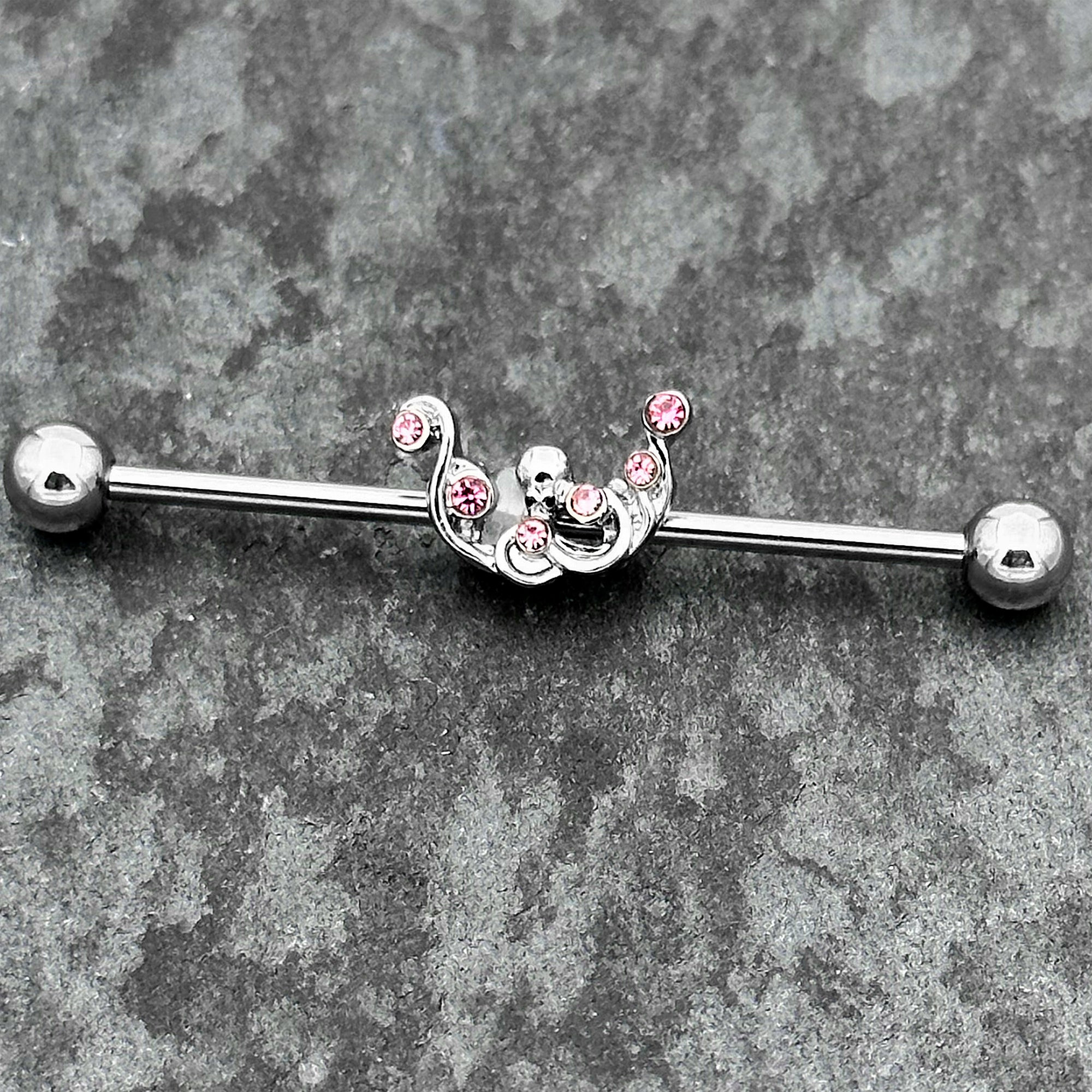 14G Pink Gem Scrolling Elegance Industrial Barbell 38mm