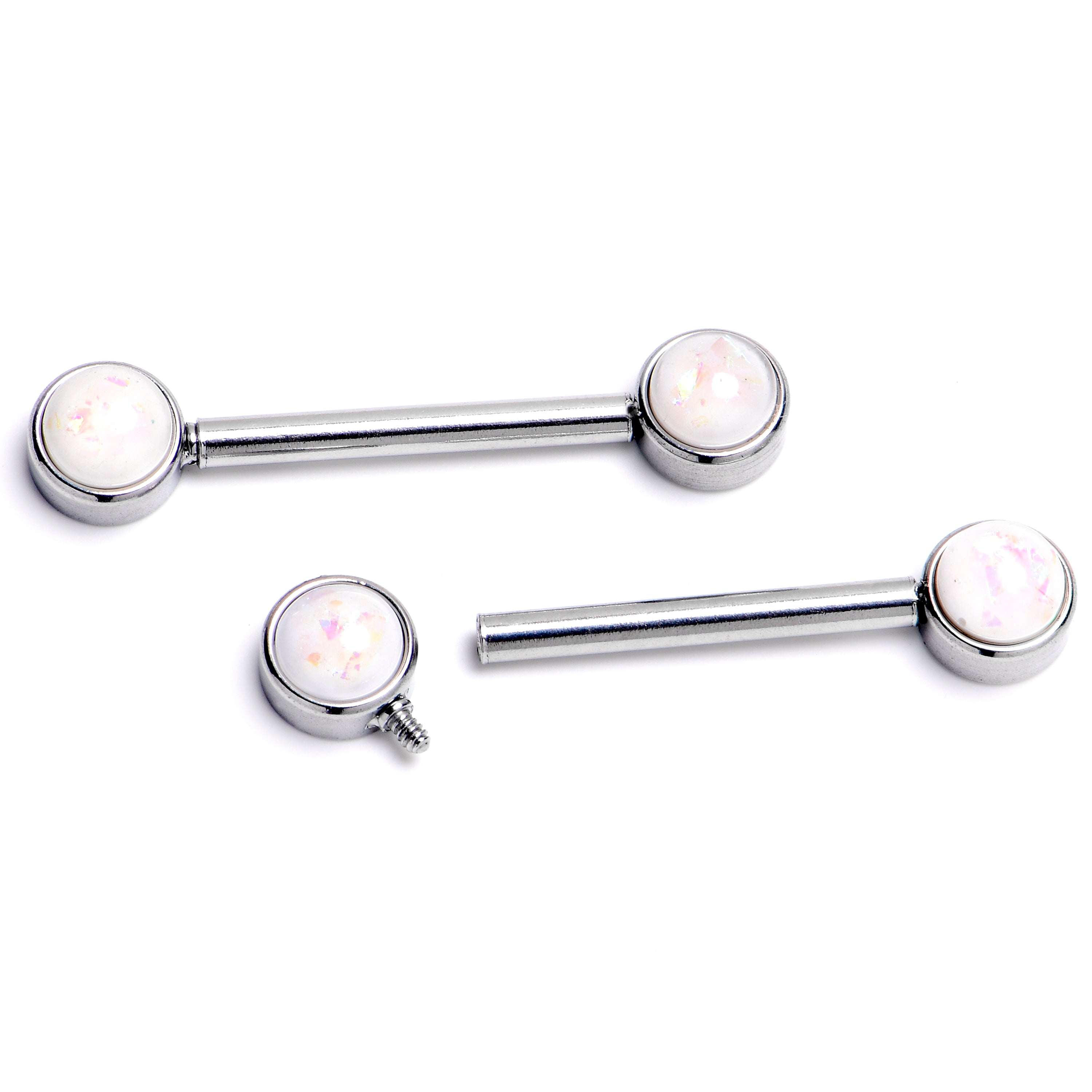 14G 9/16 White Faux Opal Internally Threaded Barbell Nipple Ring Set