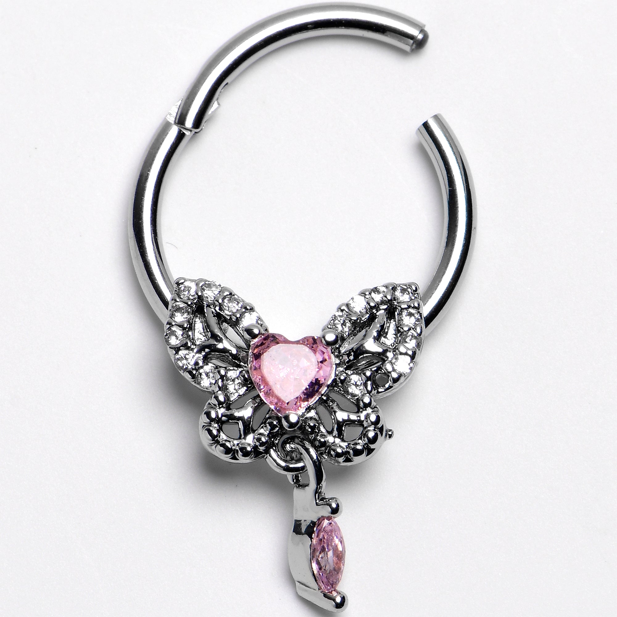 16G 3/8 Clear Gem Whimsical Butterfly Segment Ring with Dangle