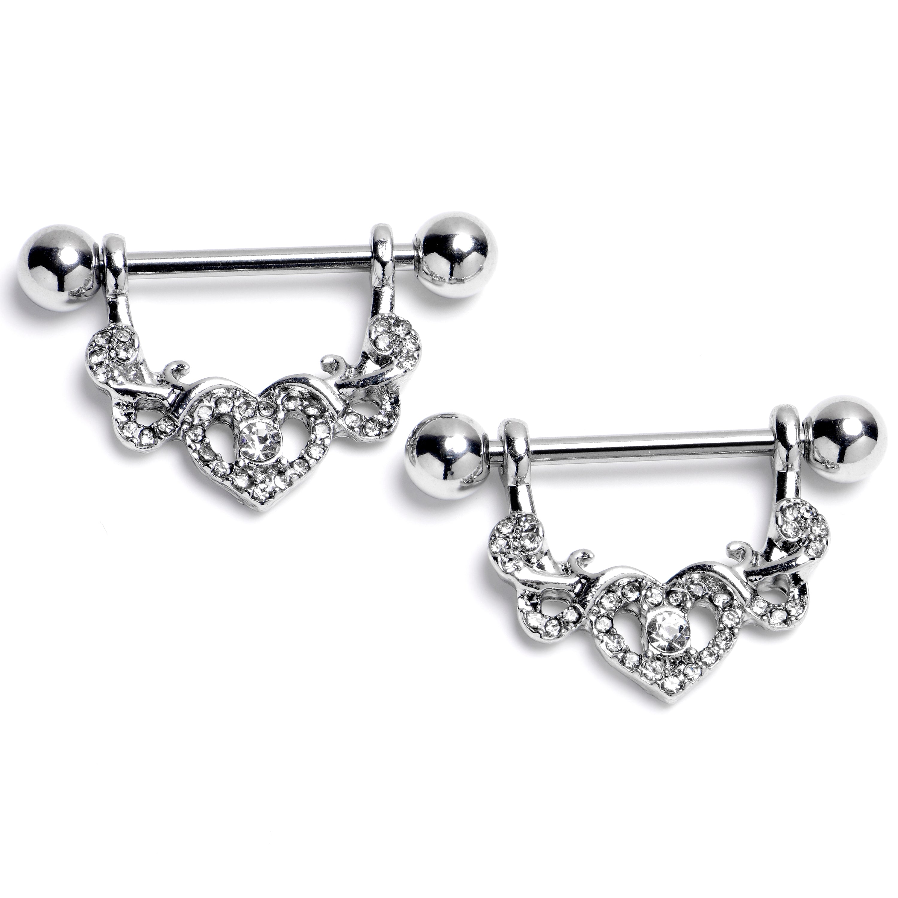 14G 9/16 Clear Gem Ornate Hearts Dangle Nipple Ring Set