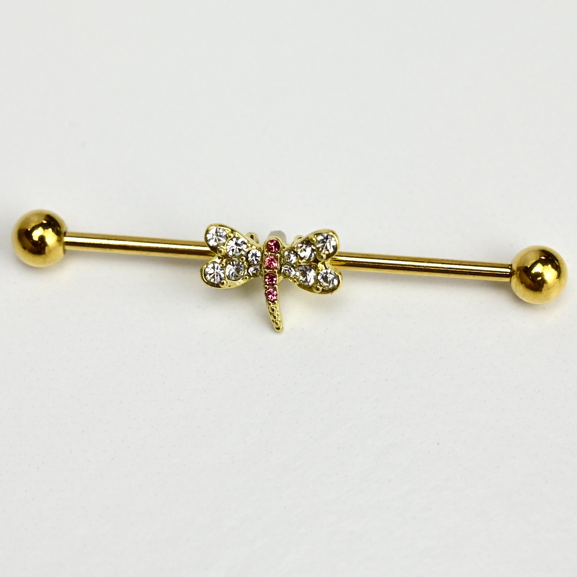 14G Pink Clear Gem Gold Tone Dragonfly Industrial Barbell 38mm