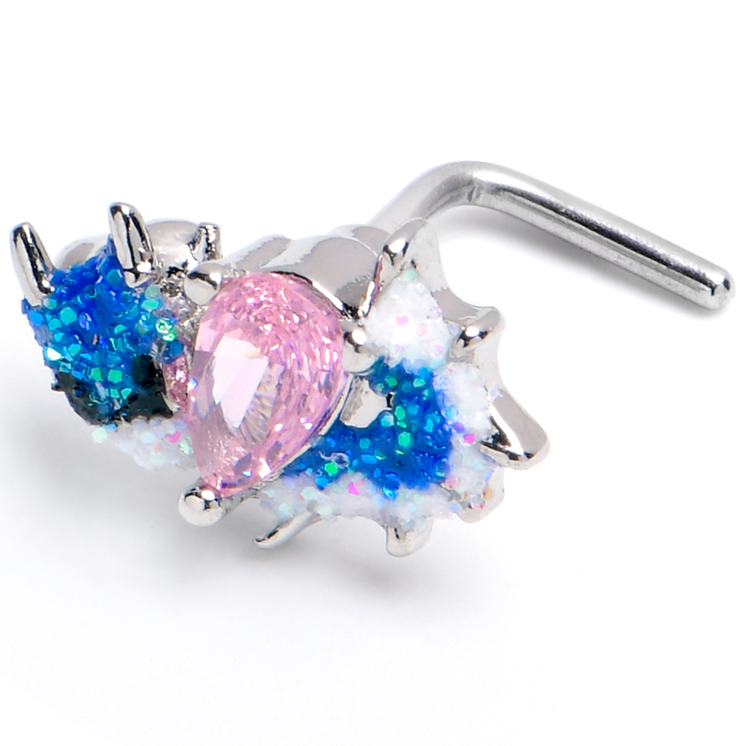 20G 7mm Pink CZ Gem Sea Monster Glitter Blue L Shape Nose Ring