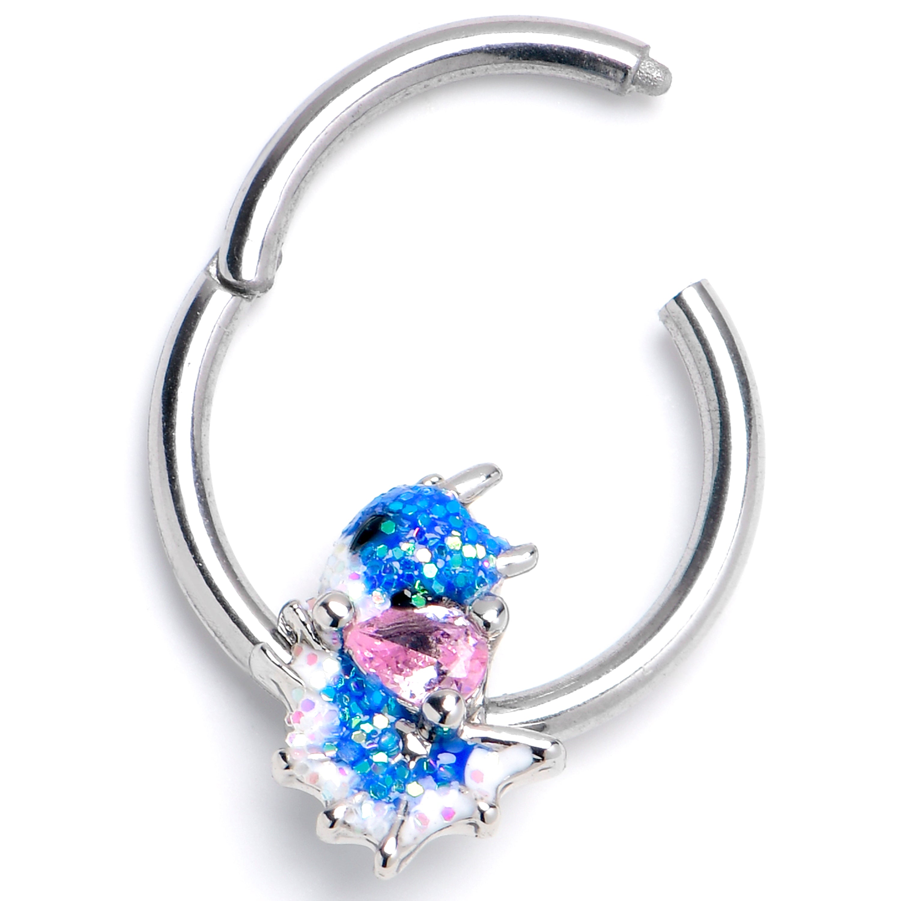 16G 3/8 Pink CZ Gem Sea Monster Glitter Blue Hinged Segment Ring