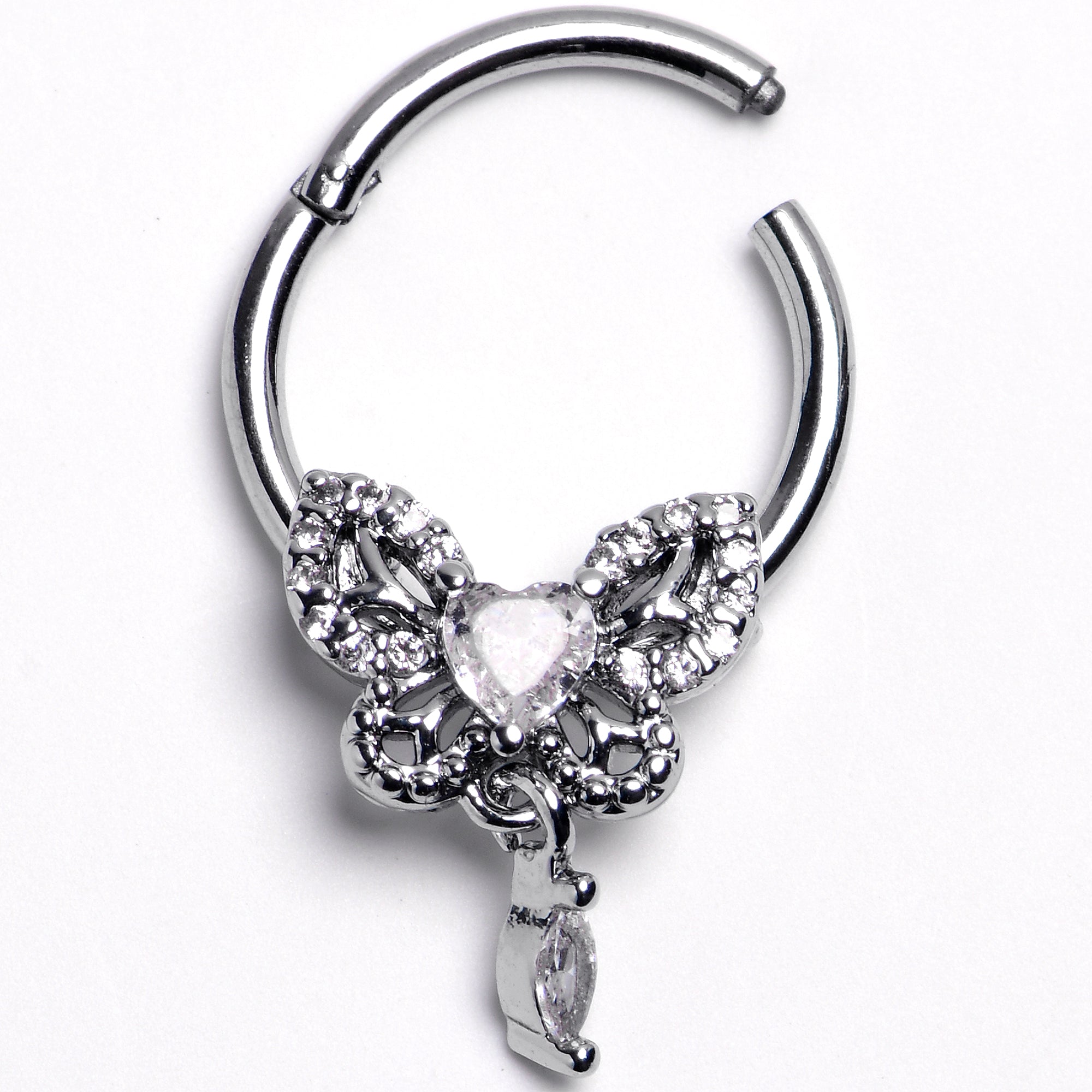 16G 5/16 Clear Gem Whimsical Butterfly Segment Ring with Dangle