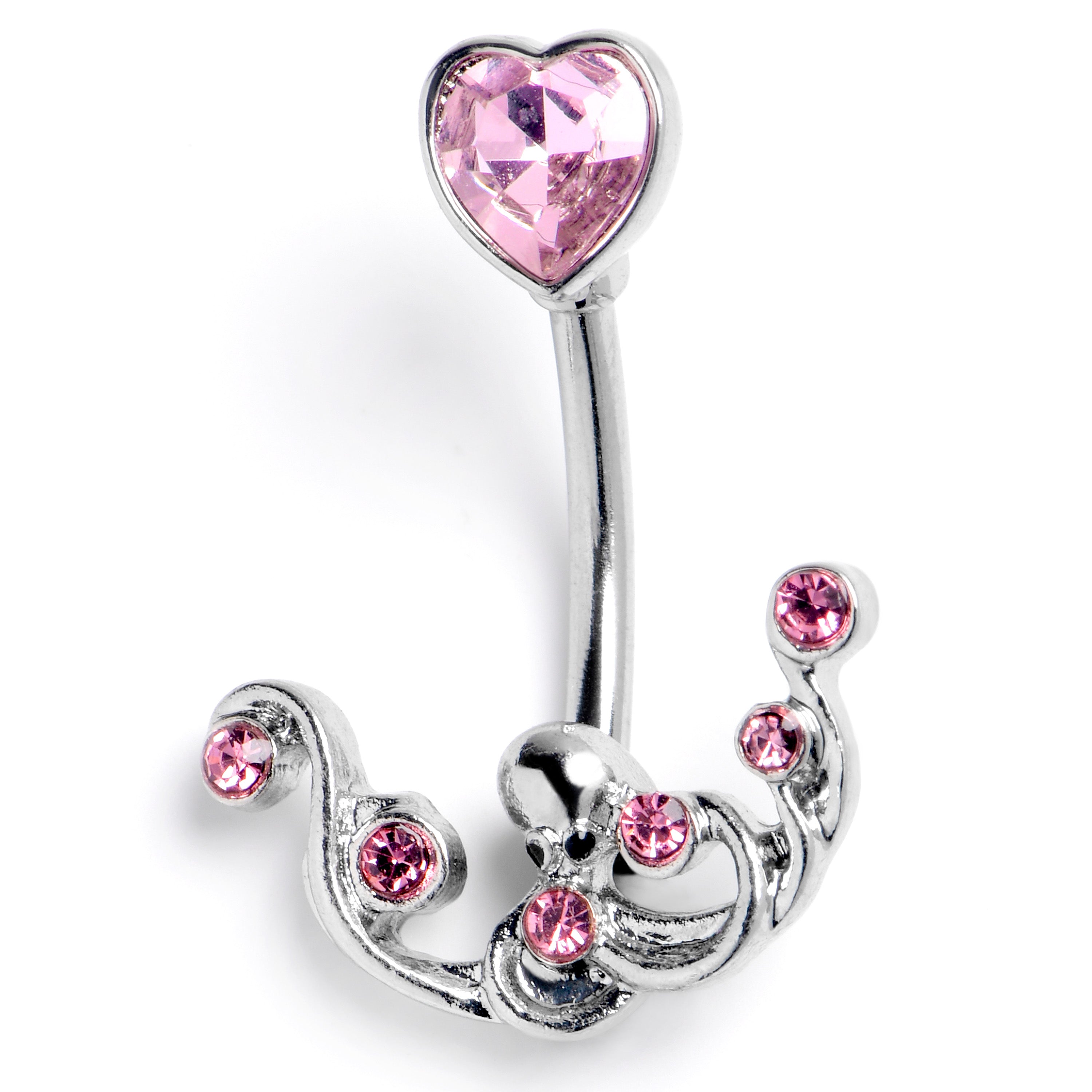 Pink Gem Heart Scrolling Elegance Double Mount Belly Ring