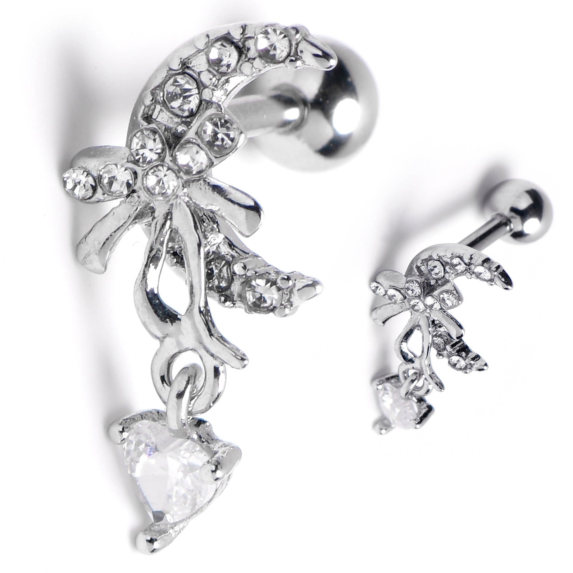 16G 1/4 Clear Gem Moon Bow Heart Dangle Cartilage Tragus Earring