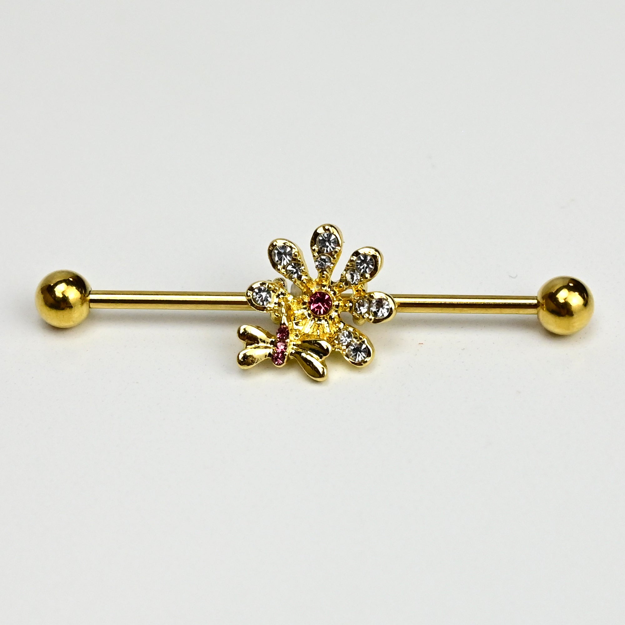 14G Clear Gem Gold Tone Classic Bee Flower Industrial Barbell 38mm