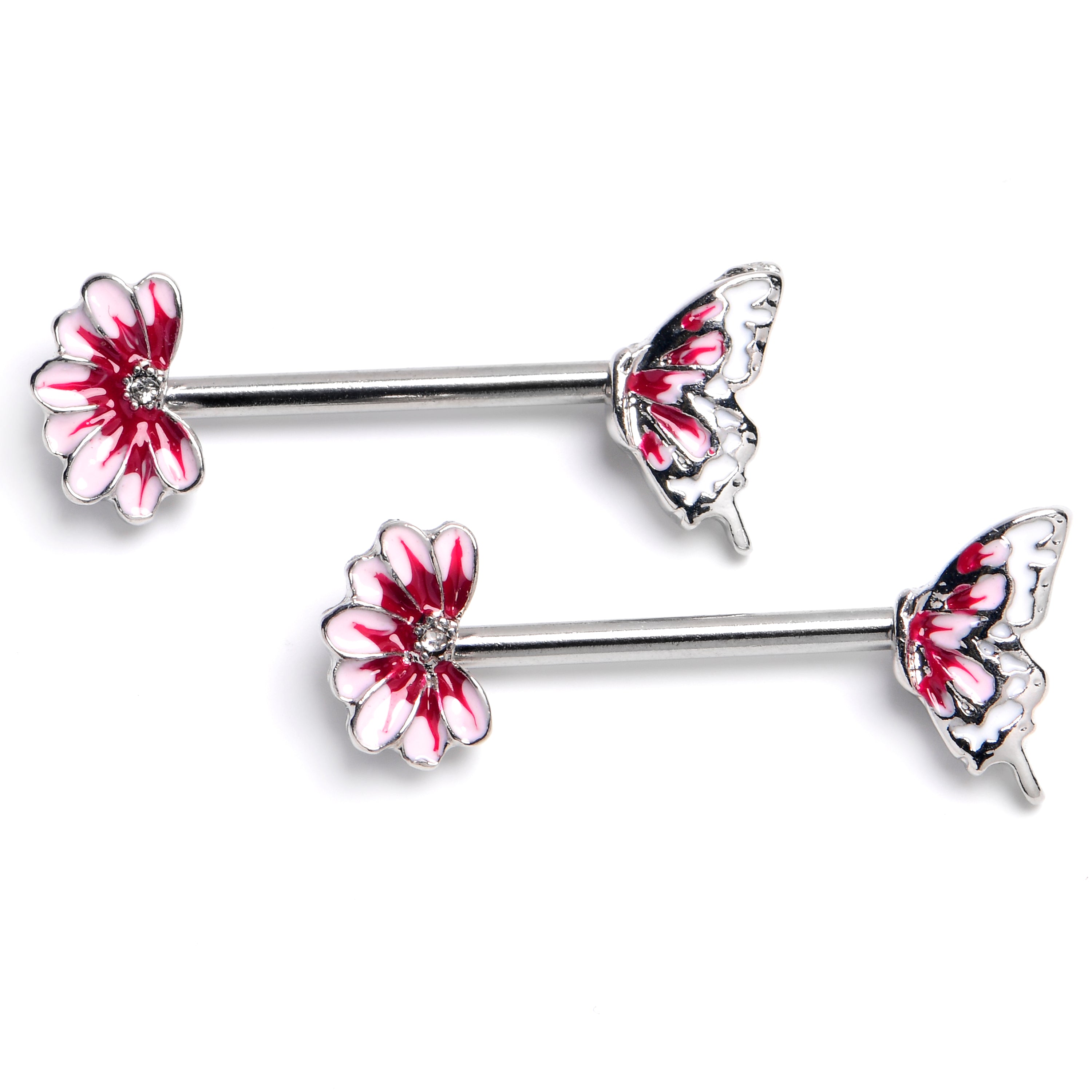 14G 9/16 Clear CZ Gem Butterfly Blossom Pink Barbell Nipple Ring Set