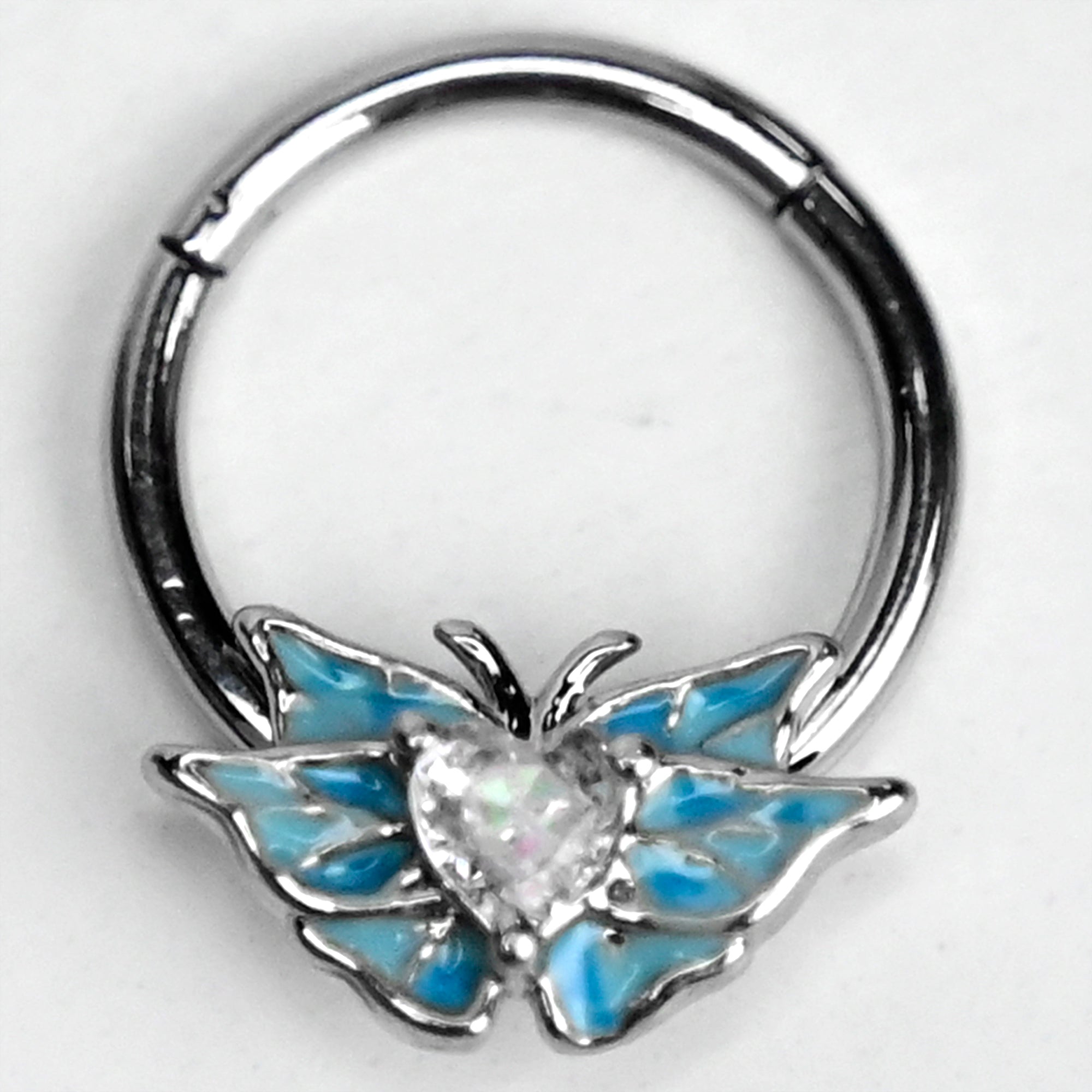 16G 3/8 Clear Gem Butterflies Blue Hinged Segment Ring
