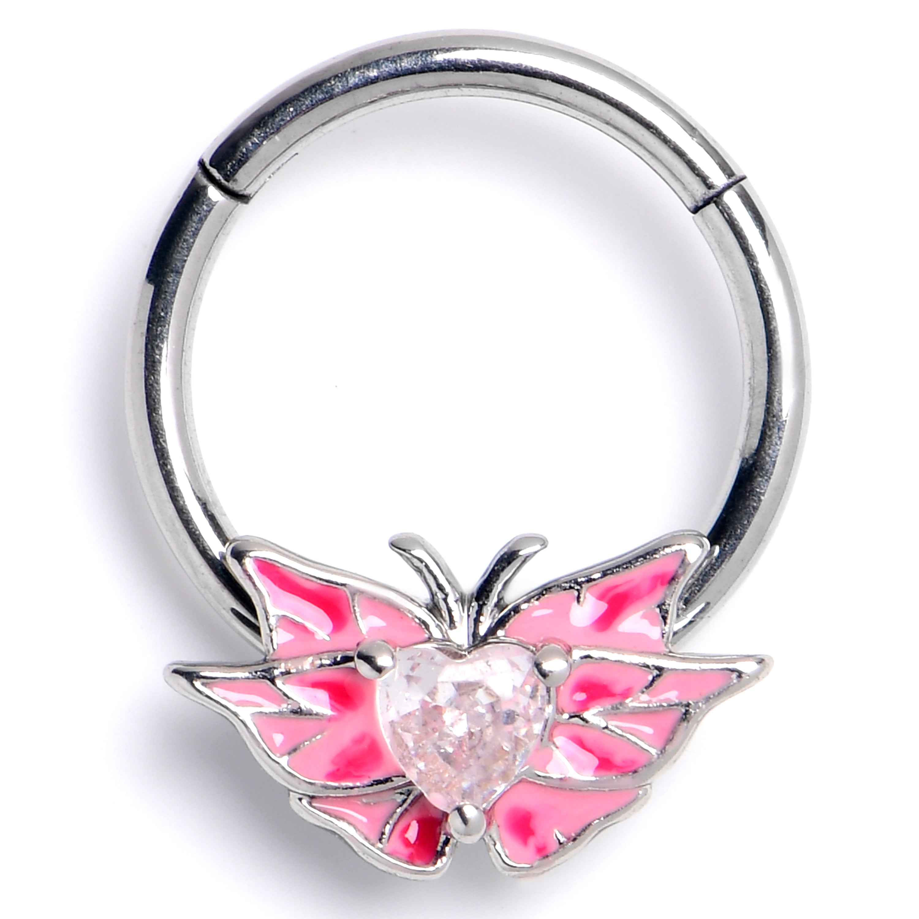 16G 3/8 Pink CZ Gem Heart Butterfly Pink Hinged Segment Ring