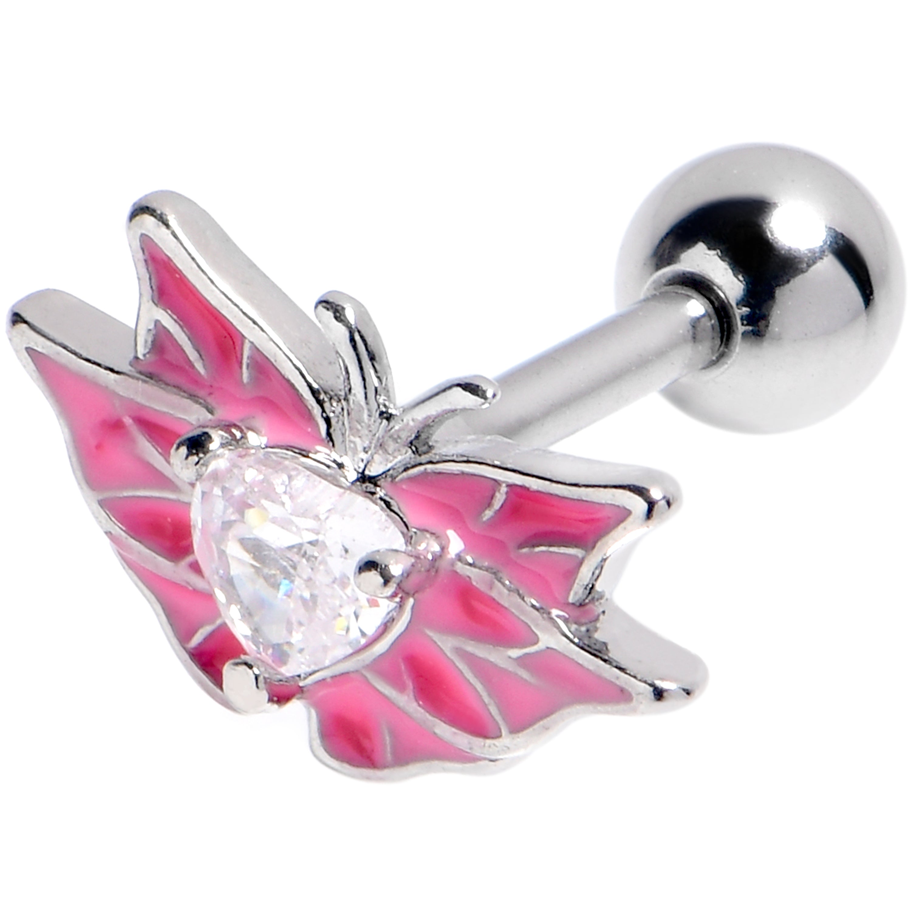 16G 1/4 Clear Gem Heart Pink Butterfly Cartilage Tragus Earring