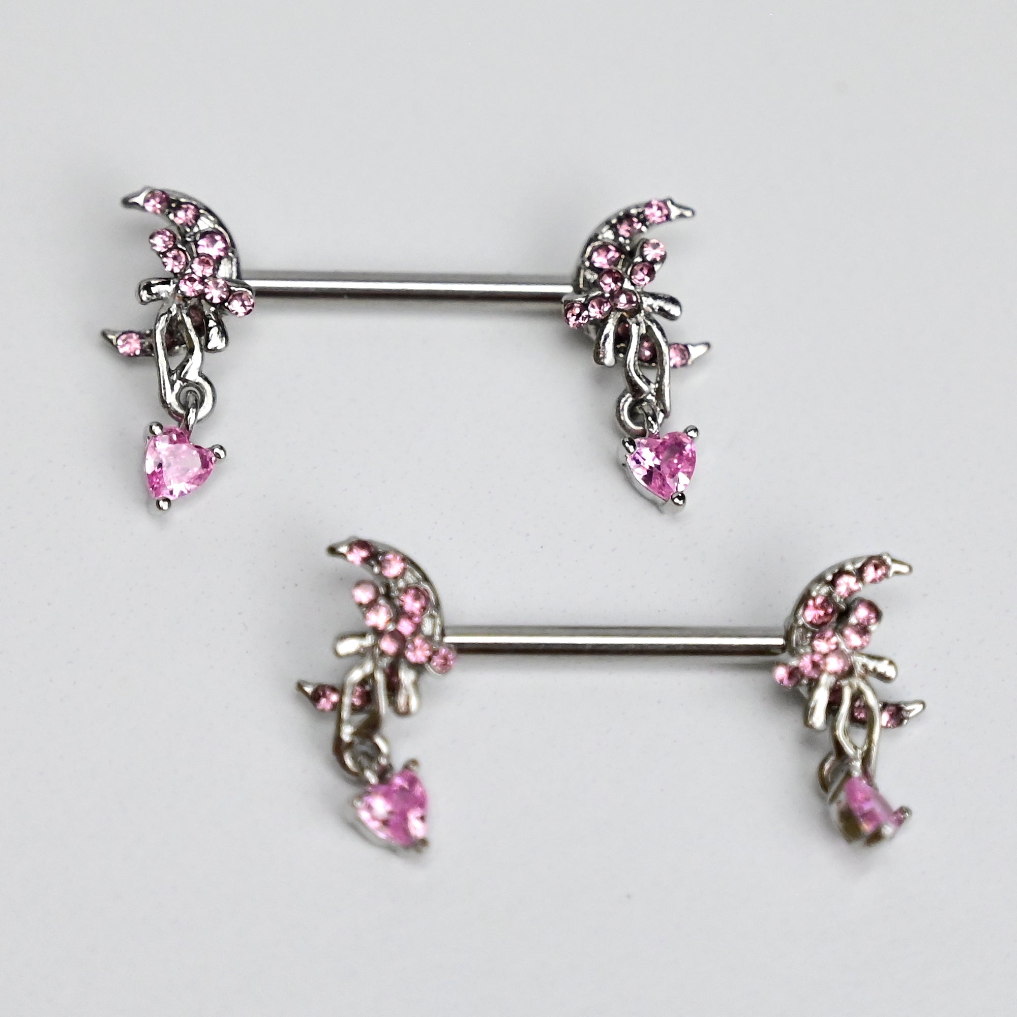 14G 9/16 Pink Gem Moon Bow Heart Dangle Nipple Ring Set