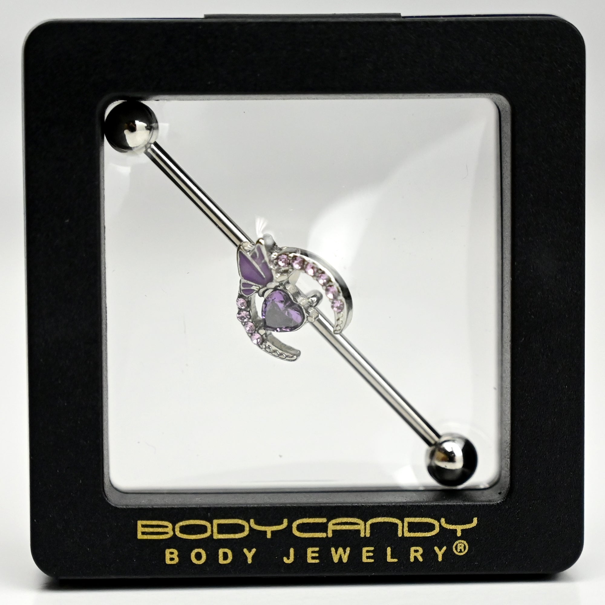 14G Purple Gem Moon Butterfly Heart Industrial Barbell 38mm
