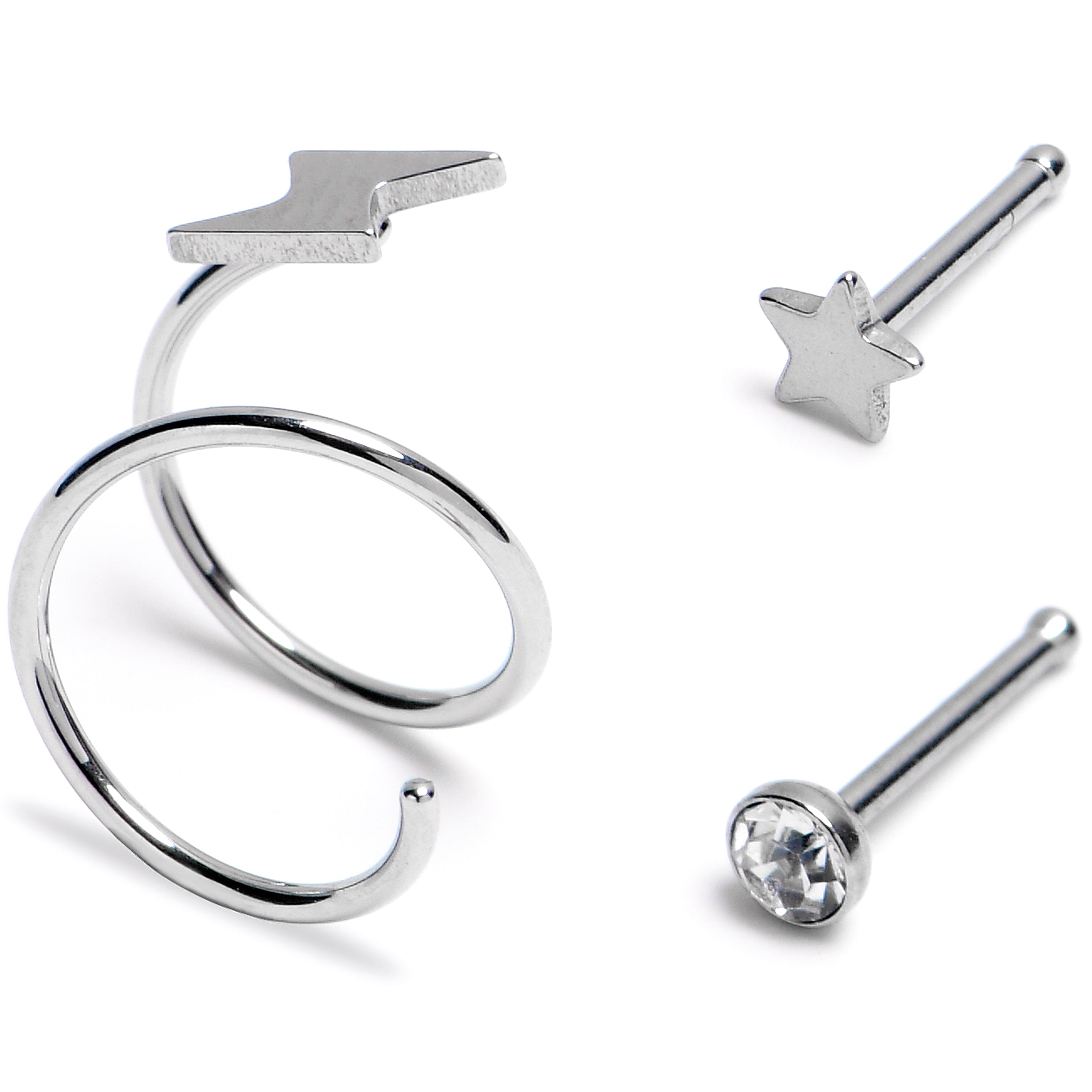 20G Clear Gem Star Spiral Nose Ring Pack