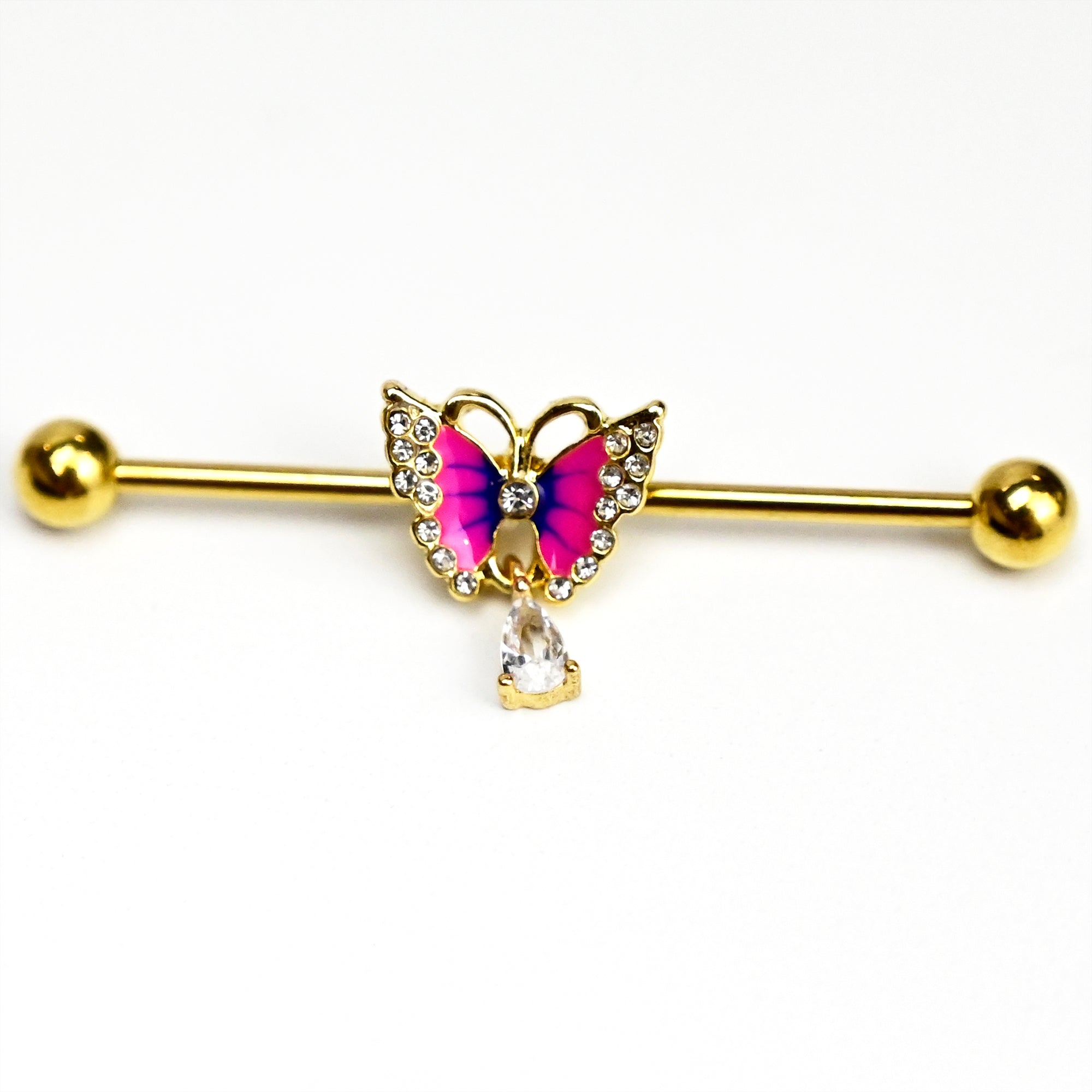 14G Clear Gem Gold Hue Butterfly Pink Dangle Industrial Barbell 38mm