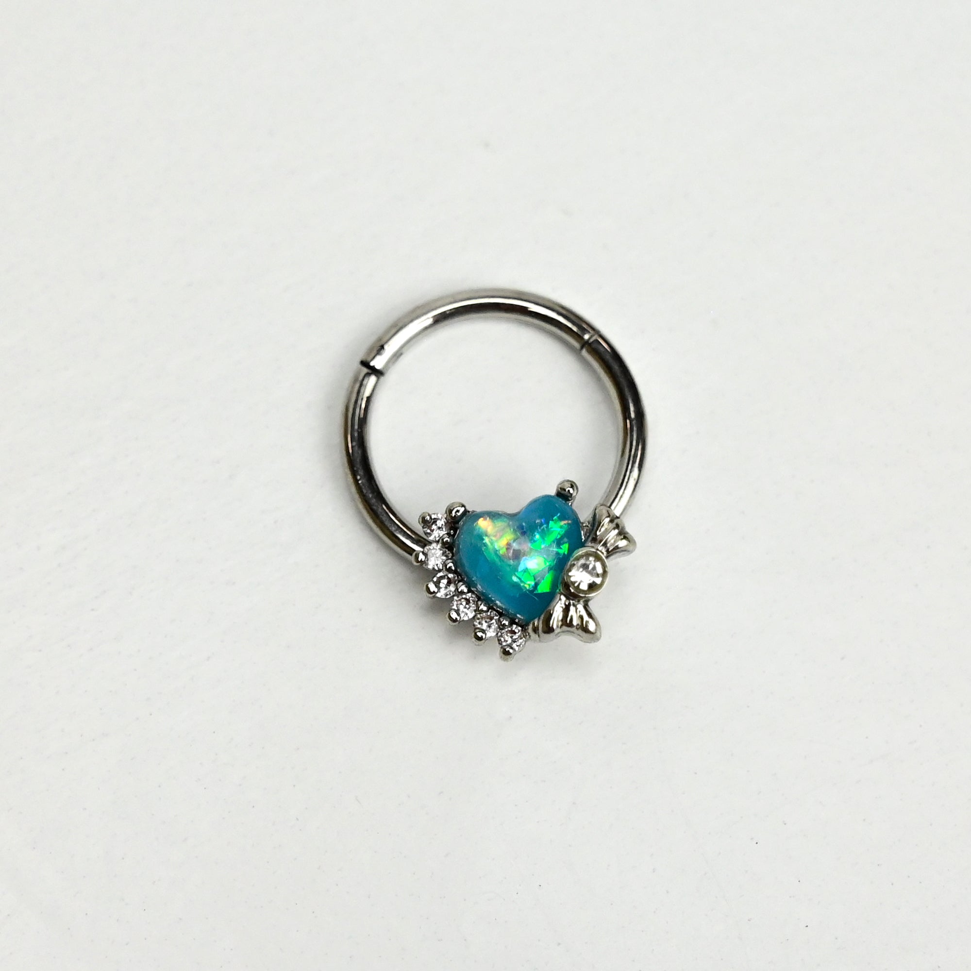 16G 3/8 Green Faux Opal Sunny Heart Hinged Segment Ring