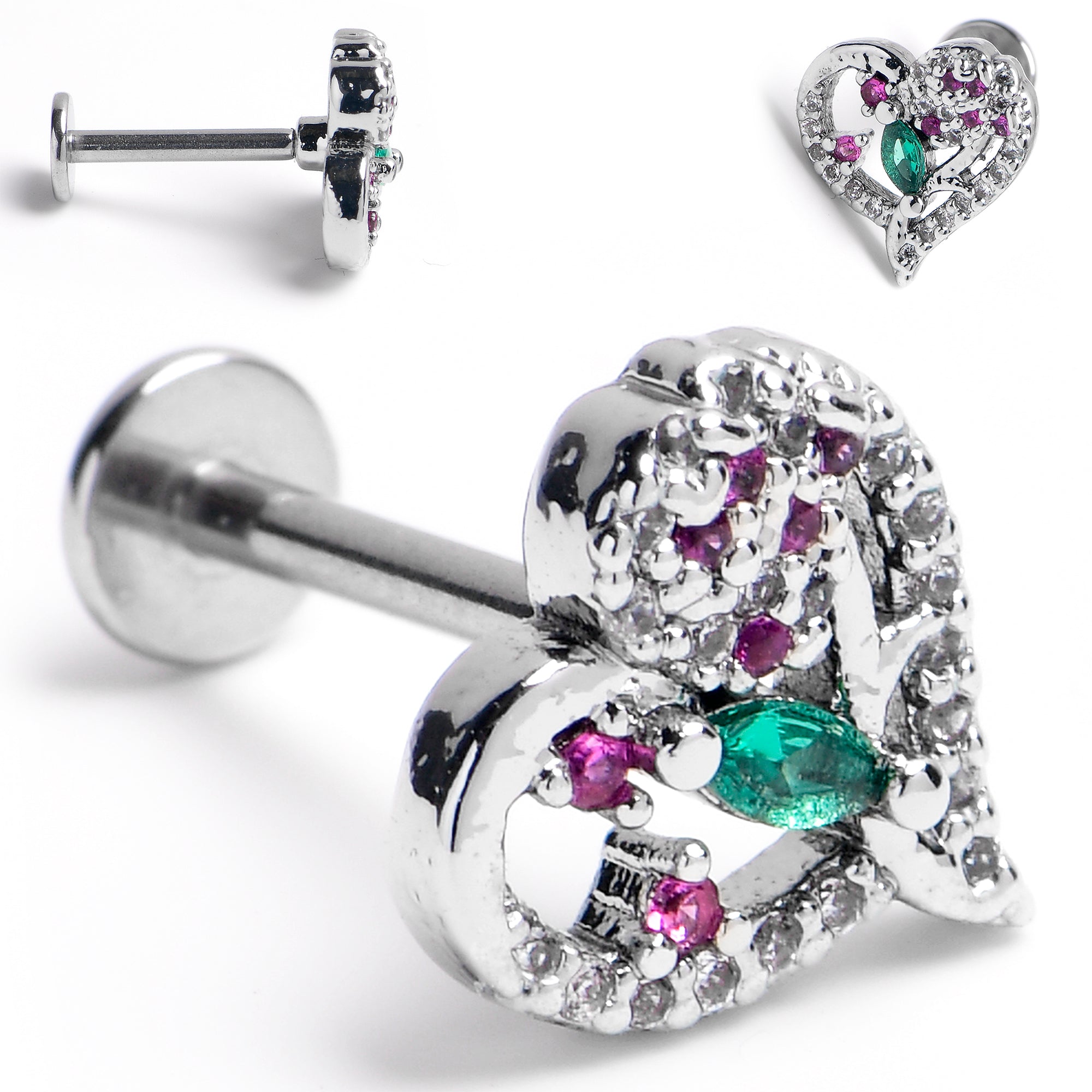 16G 5/16 Emerald Passion Gem Heart Labret Monroe Tragus