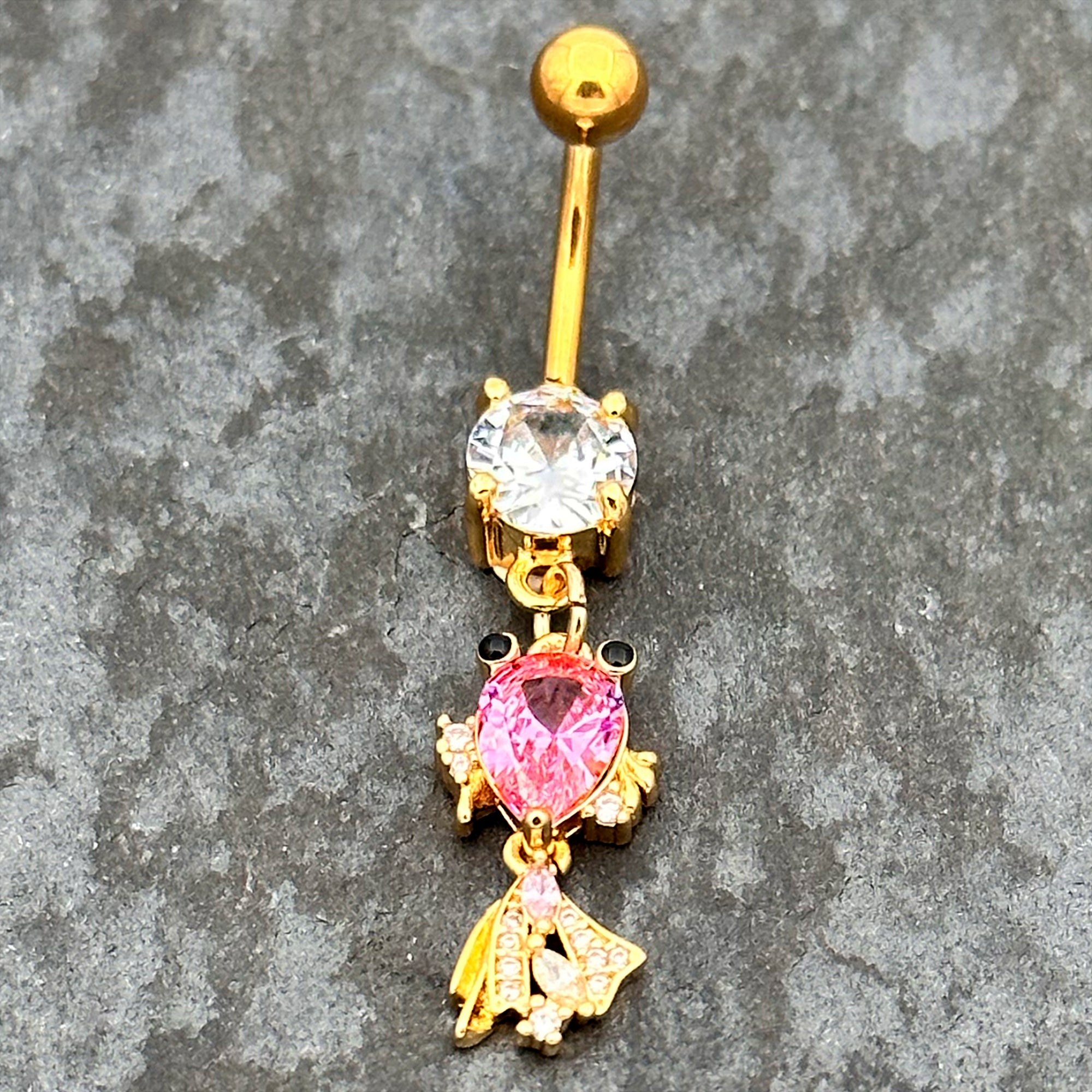 Clear Pink CZ Gem Gold Tone Fanciful Fish Dangle Belly Ring