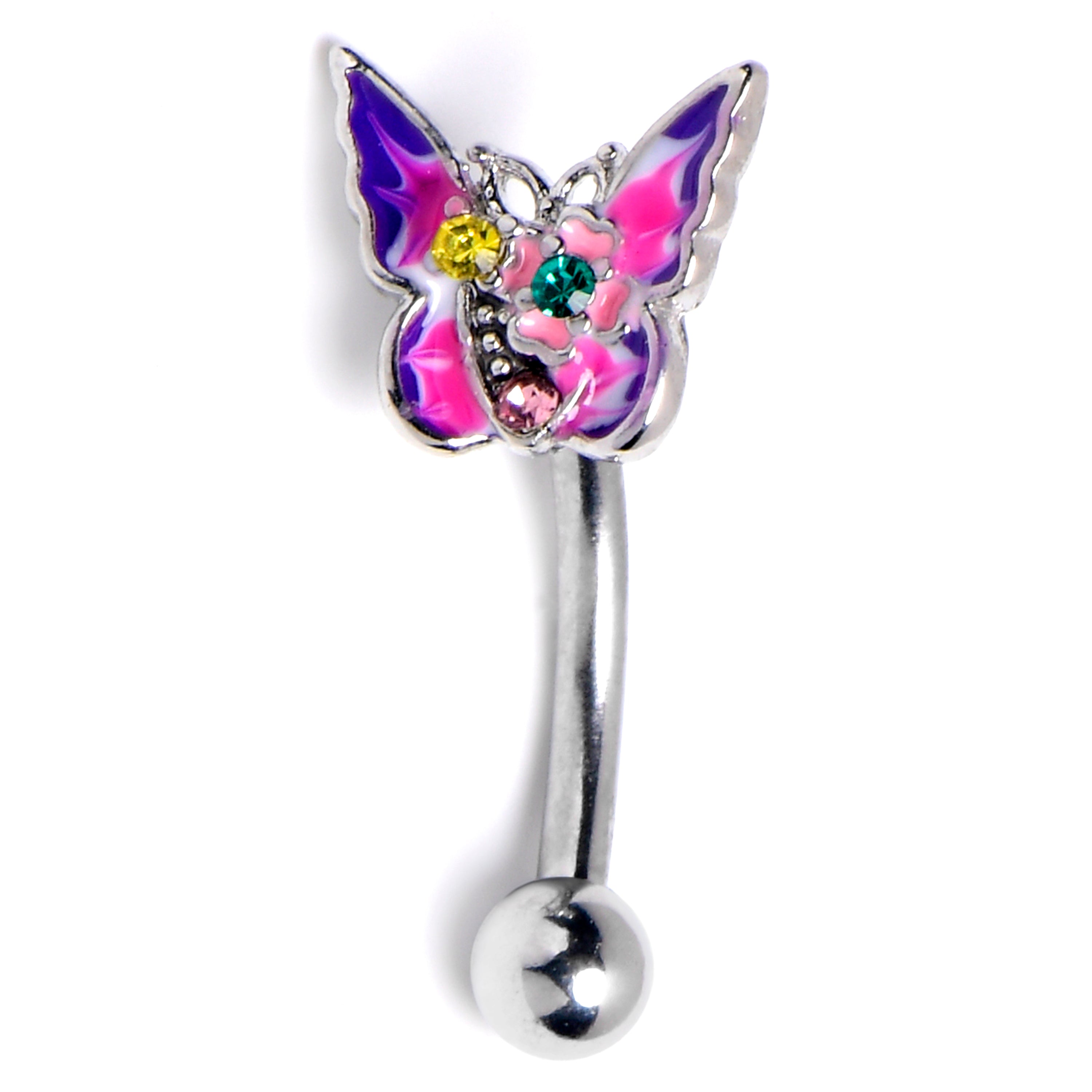 16G 5/16 Green Yellow Gem Exotic Butterfly Curved Eyebrow Ring