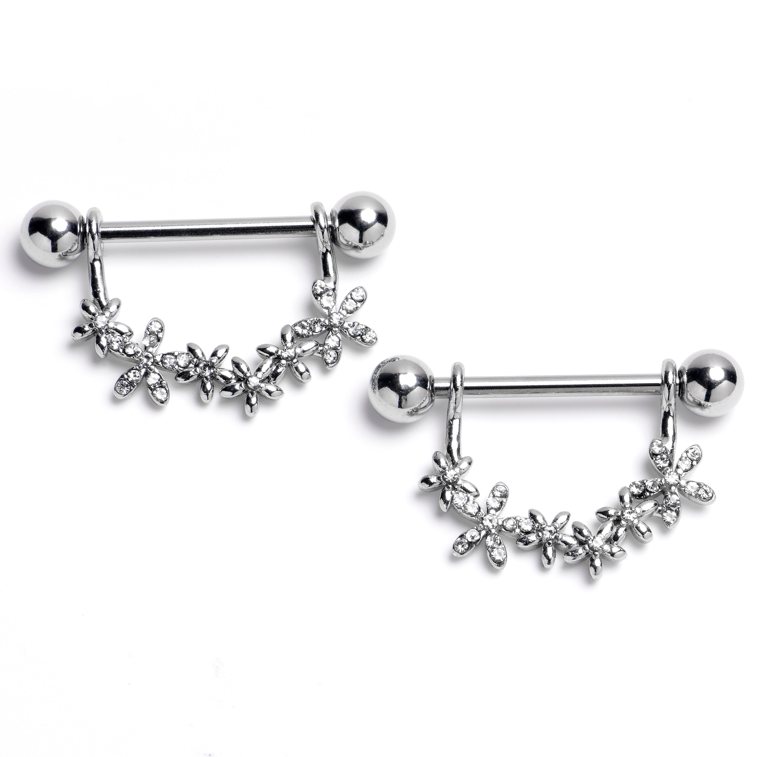 14G 9/16 Clear Gem Flower Chain Dangle Nipple Ring Set