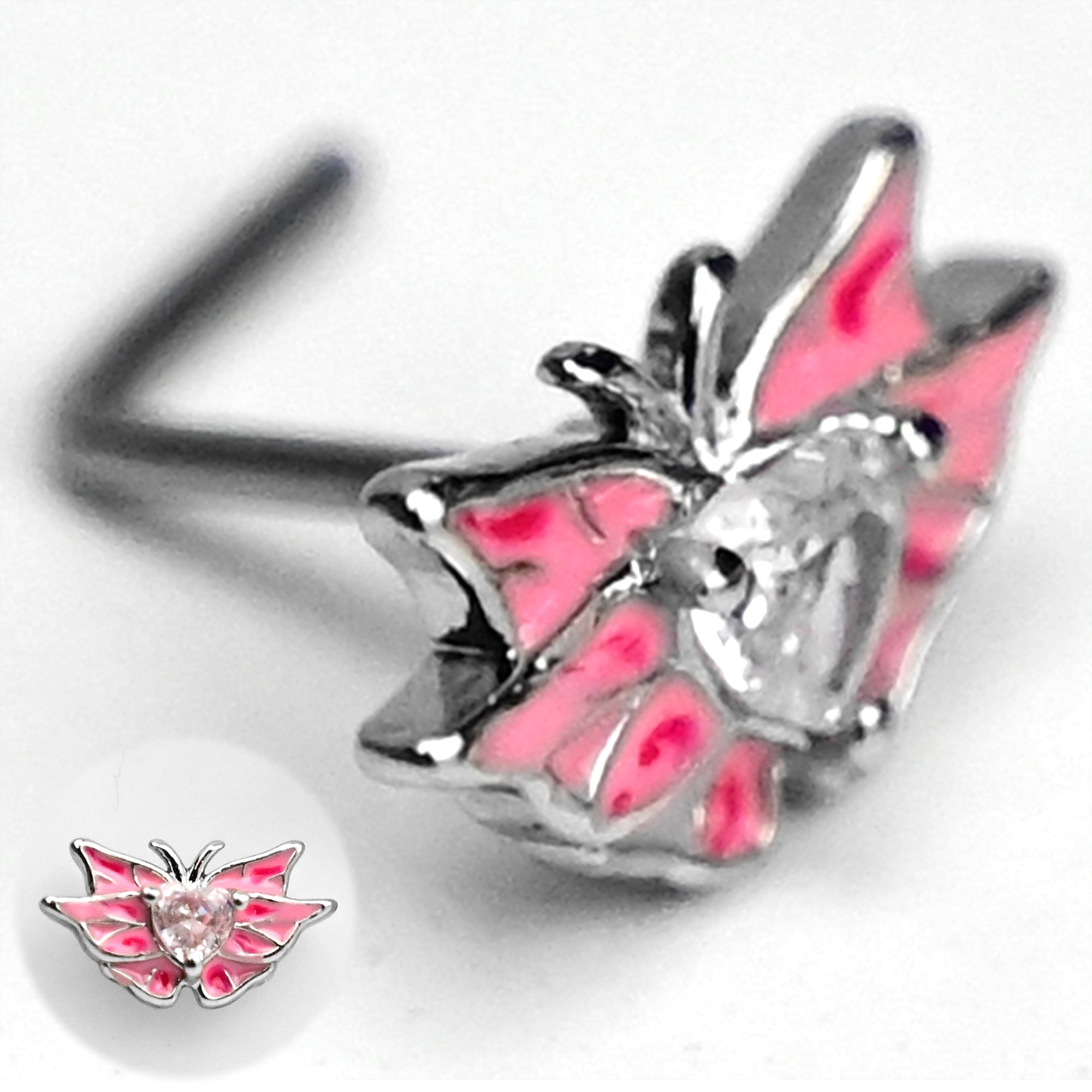 20G 7mm Clear Gem Heart Butterfly Pink Wings L Shape Nose Ring