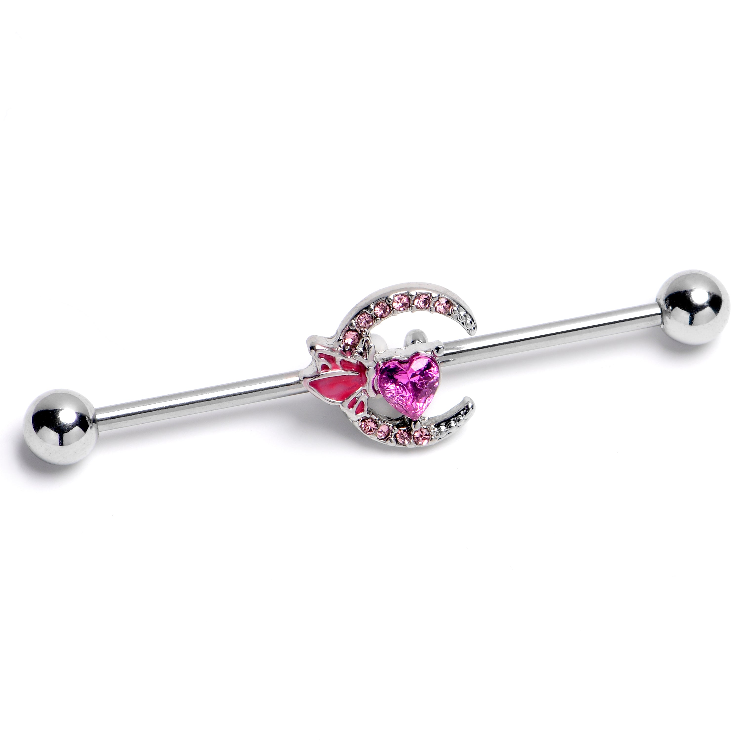 14G Pink Gem Butterfly Heart Moon Industrial Barbell 38mm