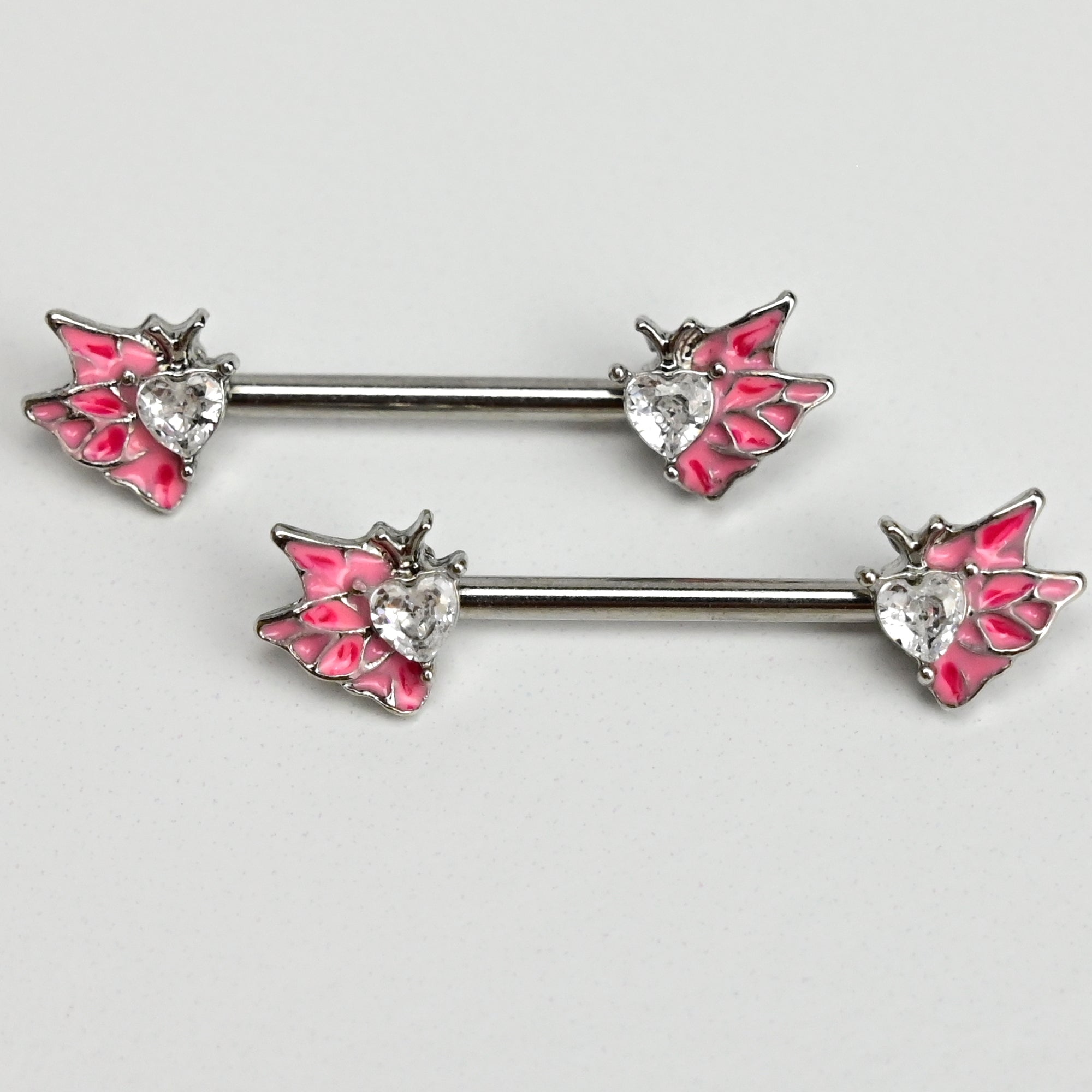 14G 9/16 Clear Gem Heart Butterfly Pink Barbell Nipple Ring Set