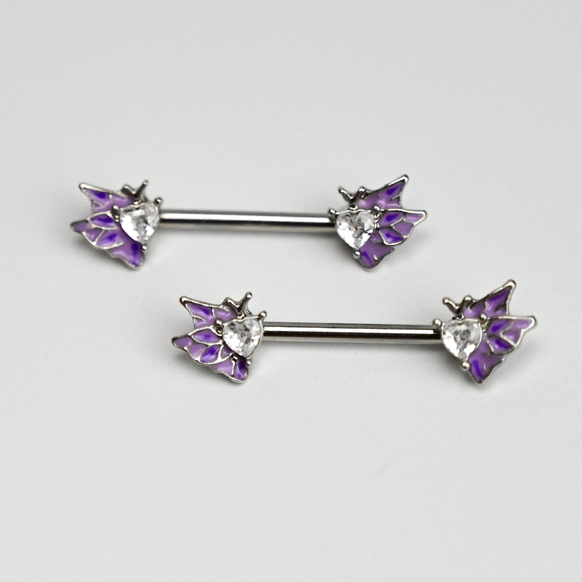 14G 9/16 Clear Gem Heart Butterfly Purple Barbell Nipple Ring Set