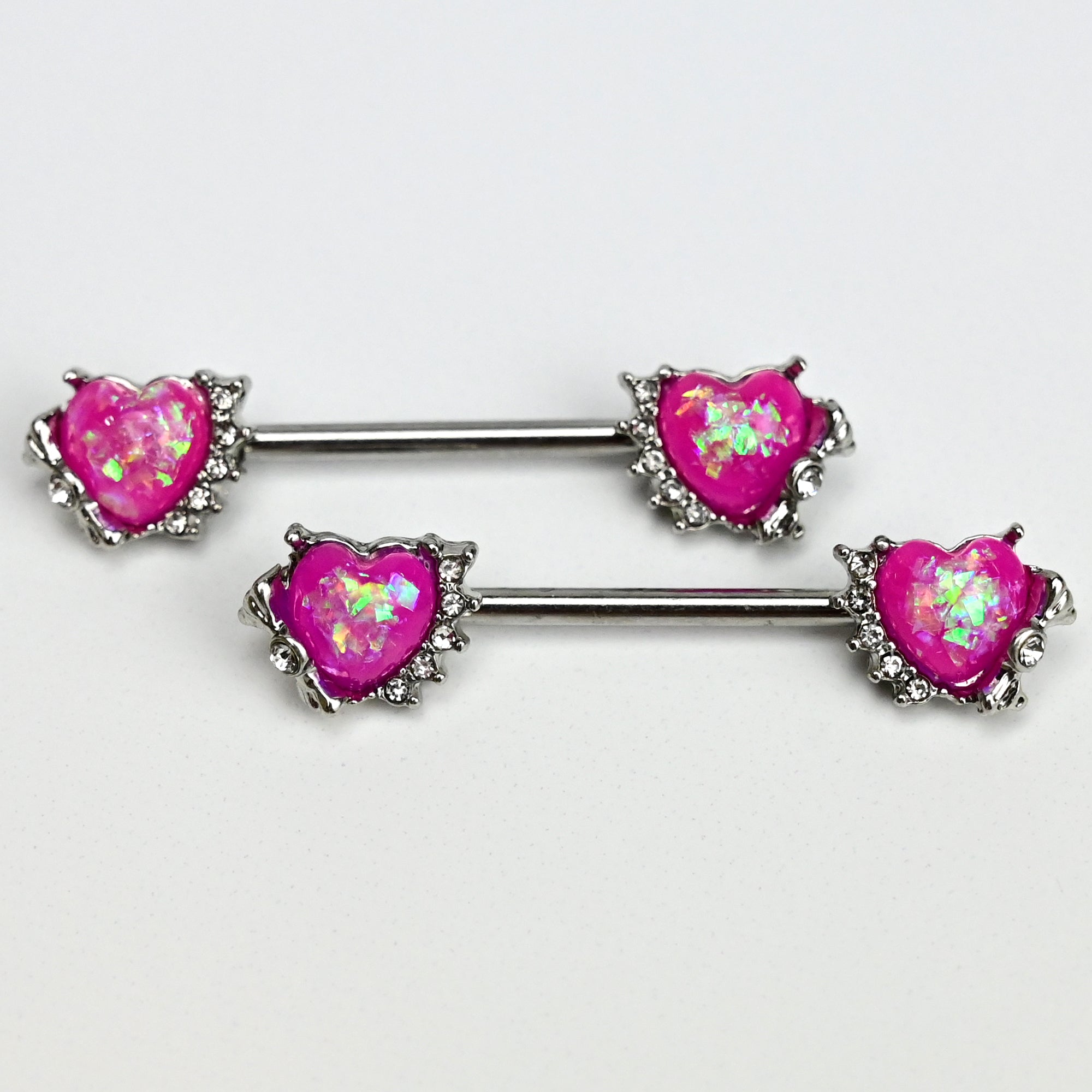 14G 9/16 Pink Faux Opal Sun Heart Barbell Nipple Ring Set