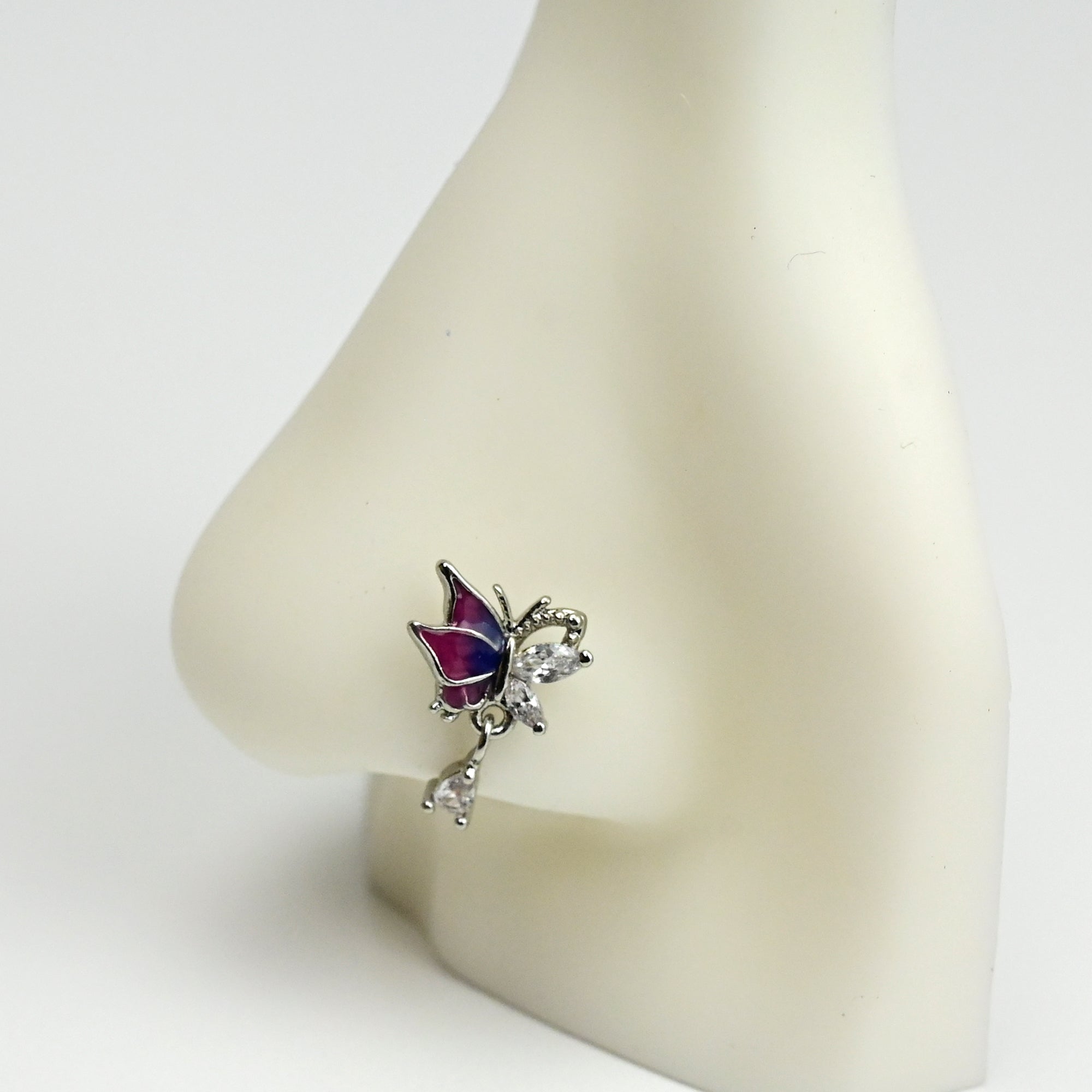 20G 7mm Clear Gem Purples Dazzling Butterfly L Shape Nose Ring