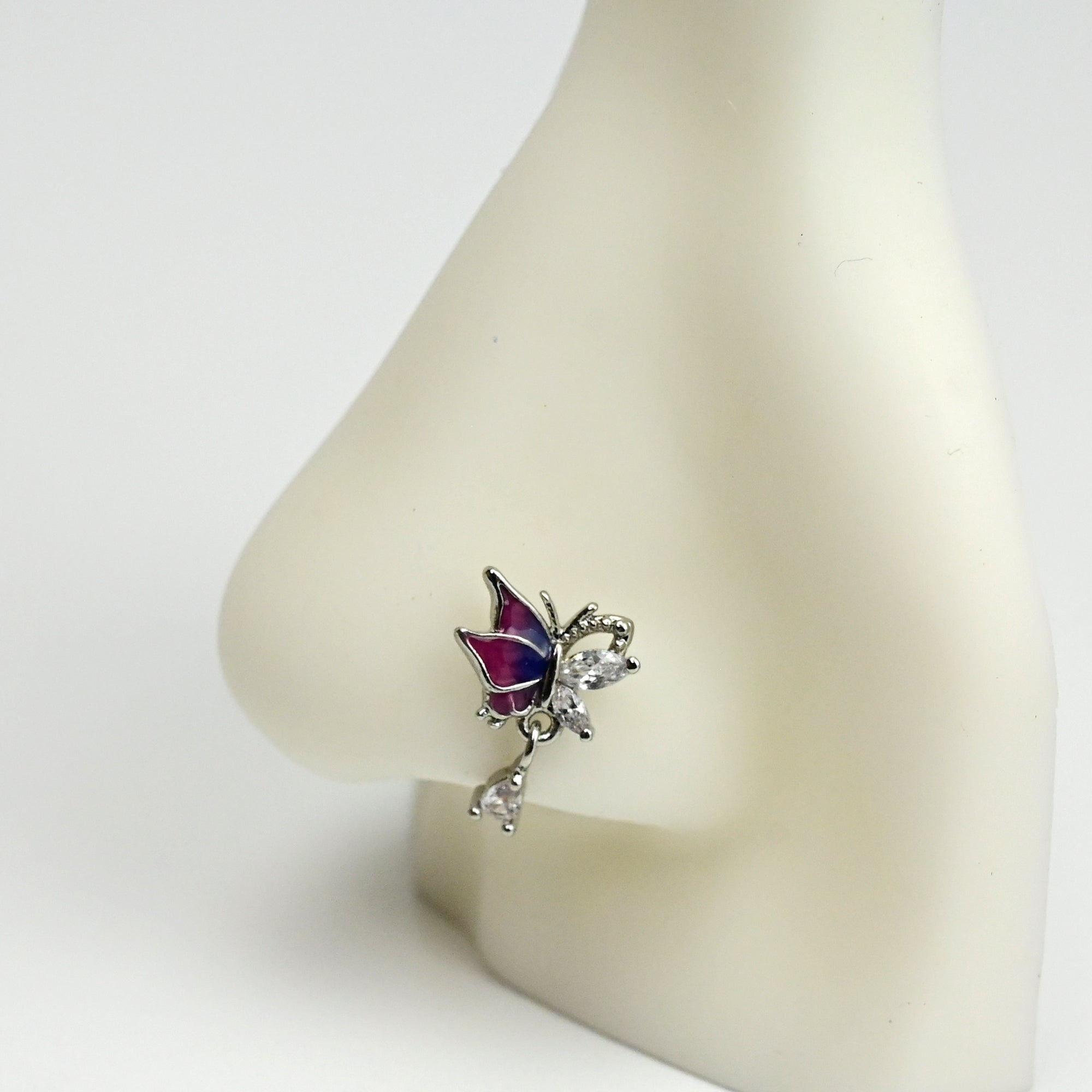 20G 7mm Clear Gem Purples Dazzling Butterfly L Shape Nose Ring