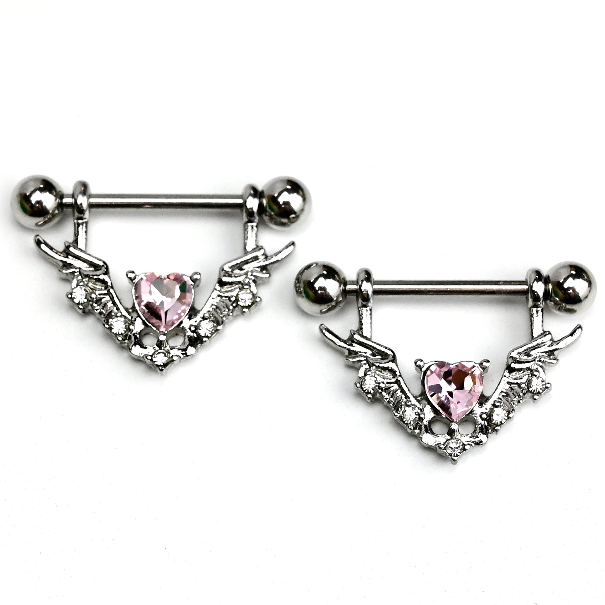 14G 9/16 Pink Gem Winged Hearts Angel Dangle Nipple Ring Set