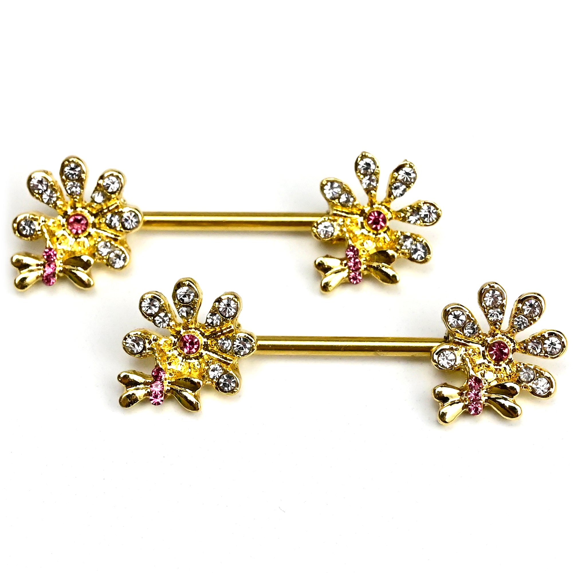 14G 9/16 Clear Gem Gold Hue Classic Bee Flower Dangle Nipple Ring Set