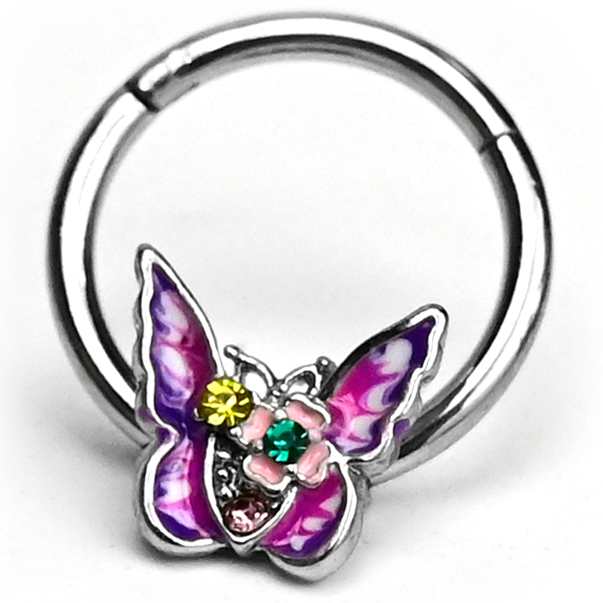 16G 3/8 Green Yellow Gem Exotic Butterfly Hinged Segment Ring