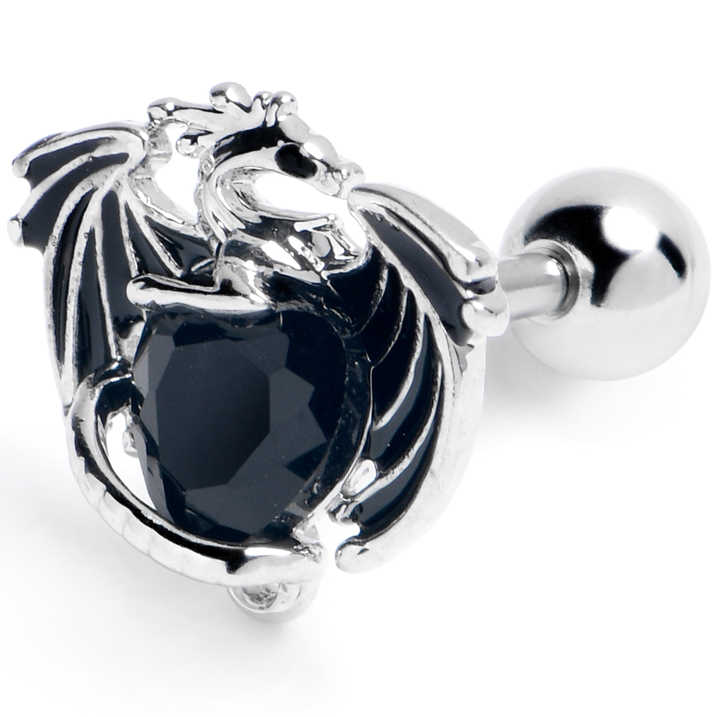 16 Gauge 1/4 Black Gem Heart of Dragon Cartilage Tragus Earring