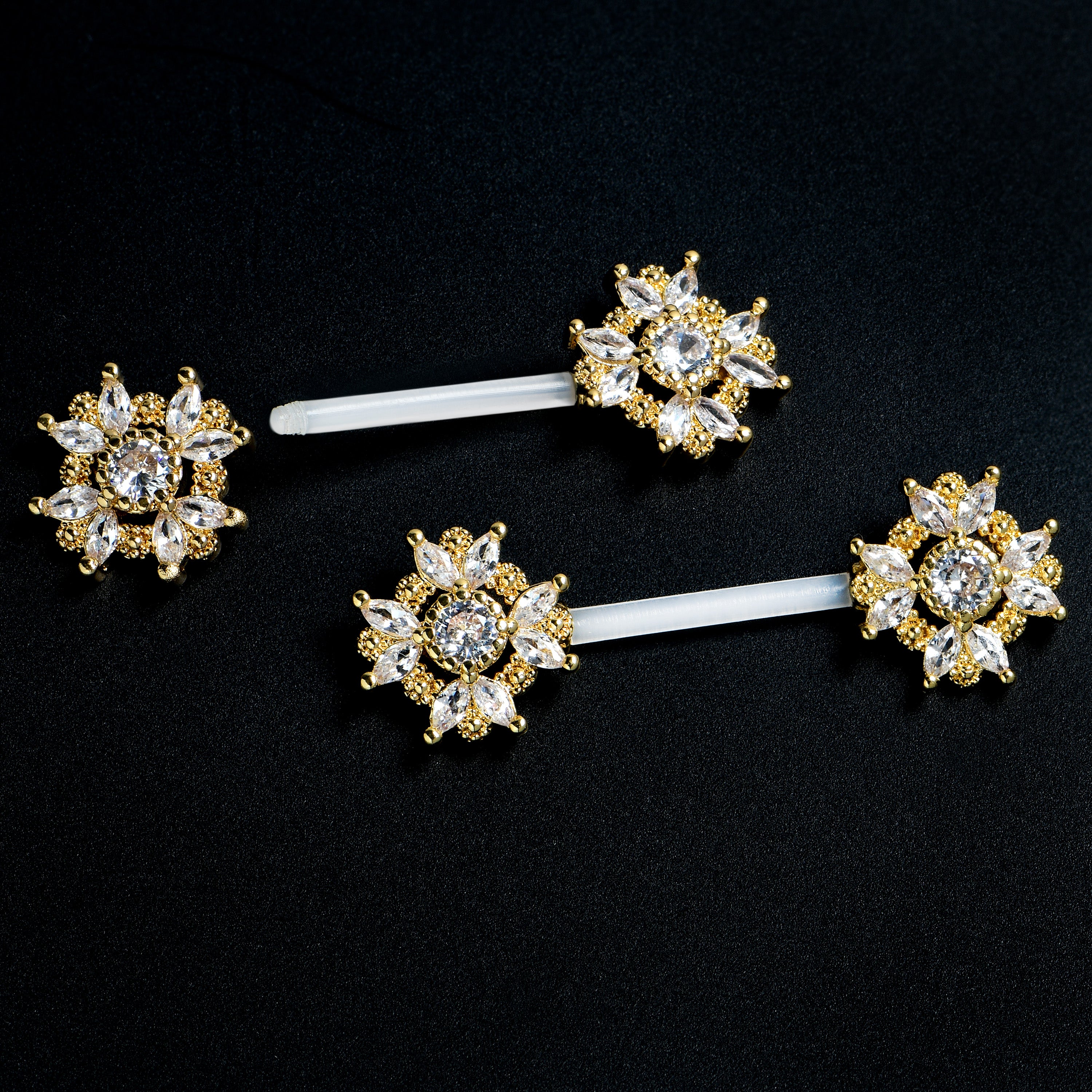 14G 9/16 Clear Gem Classic Cross PTFE Bioplast Barbell Nipple Ring Set