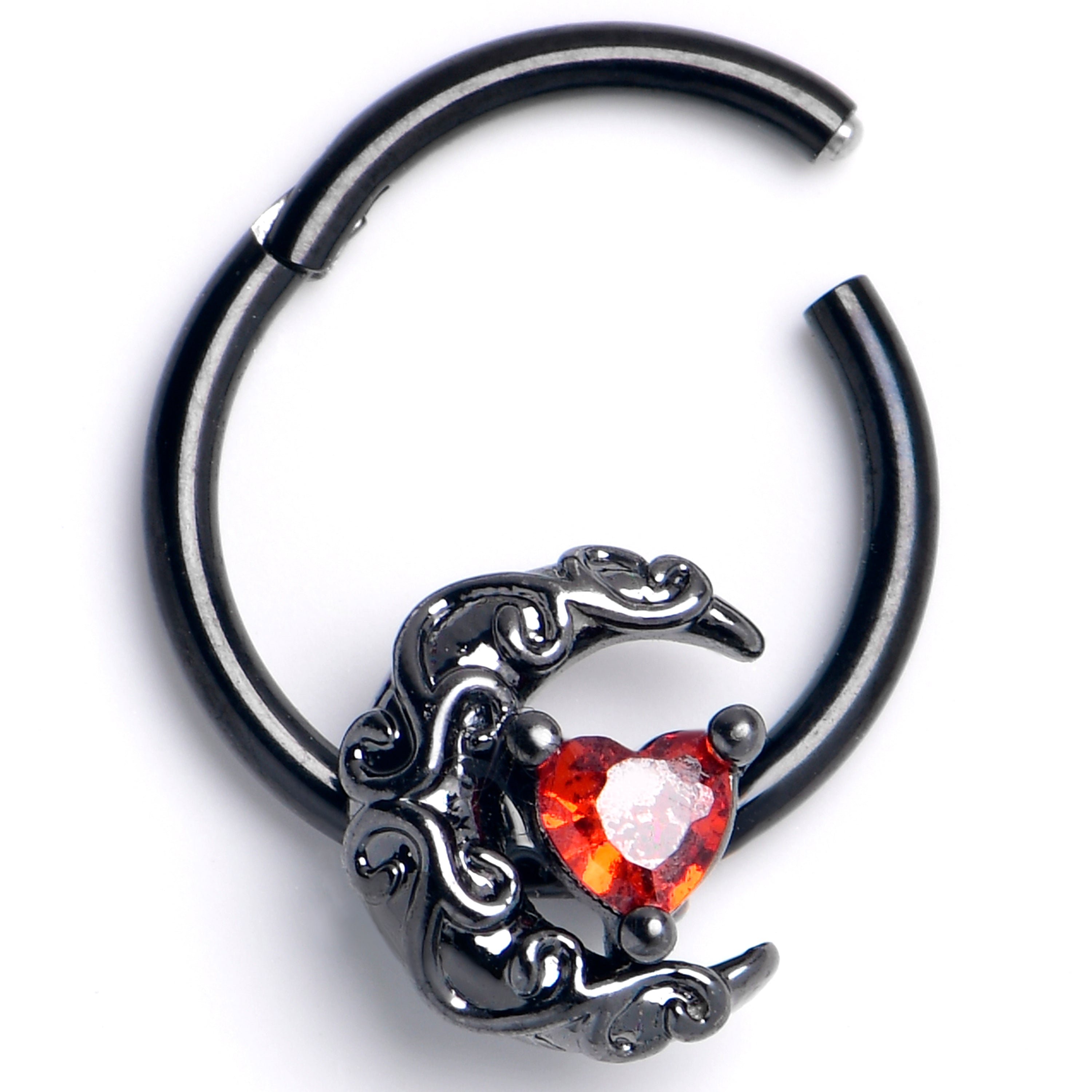 16G 3/8 Red CZ Gem Black Scrolling Moon Heart Hinged Segment Ring